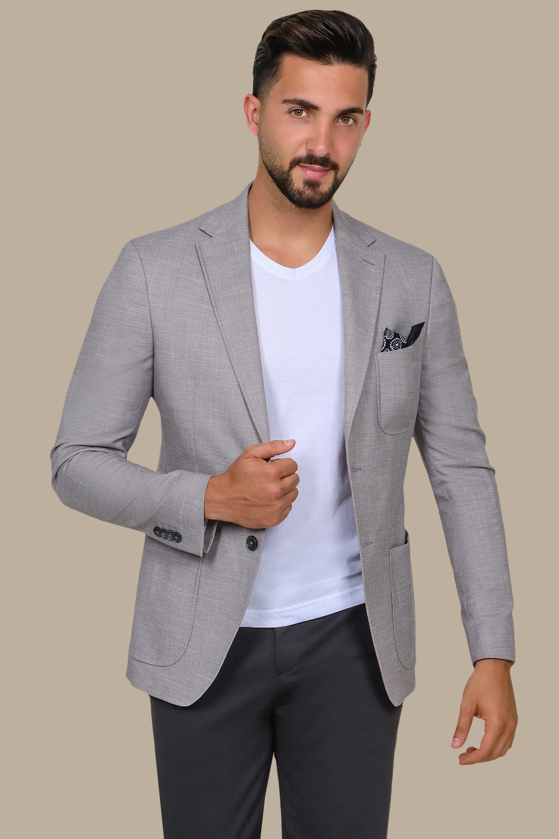 Light Grey Slim Fit Blazer with Up & Down Notch Patch