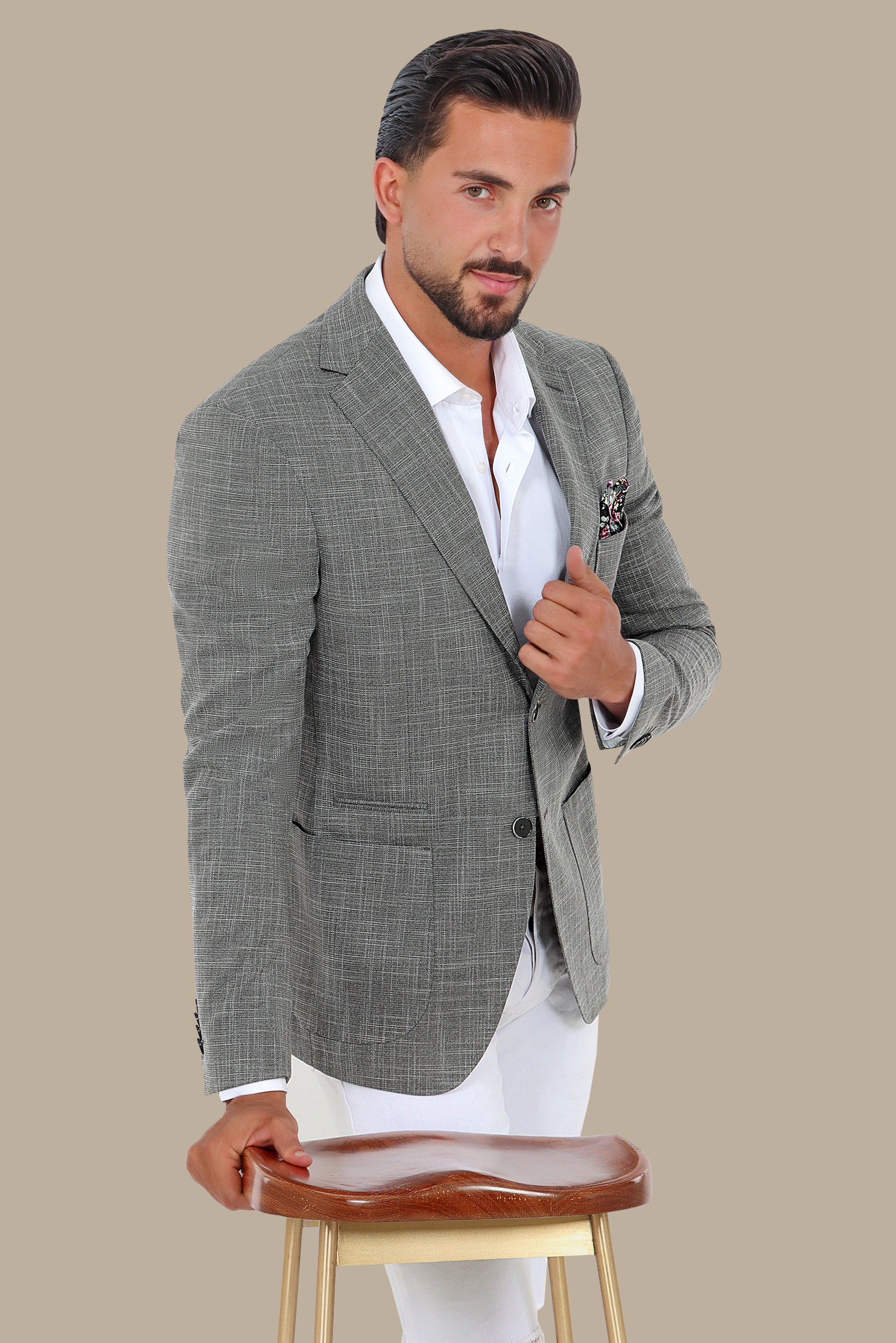 Dark Grey Slim Fit Blazer with Up & Down Notch Patch