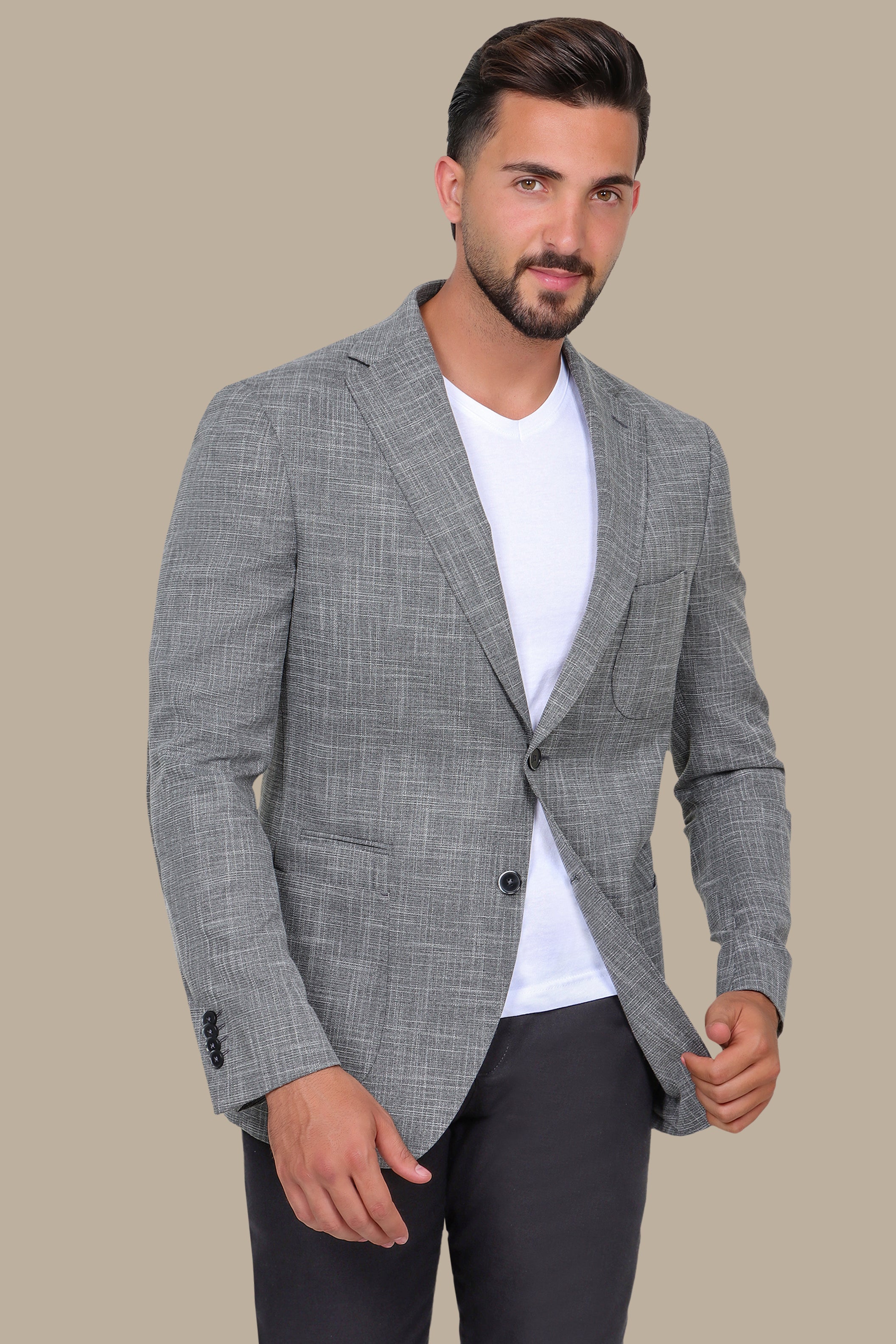 Dark Grey Slim Fit Blazer with Up & Down Notch Patch