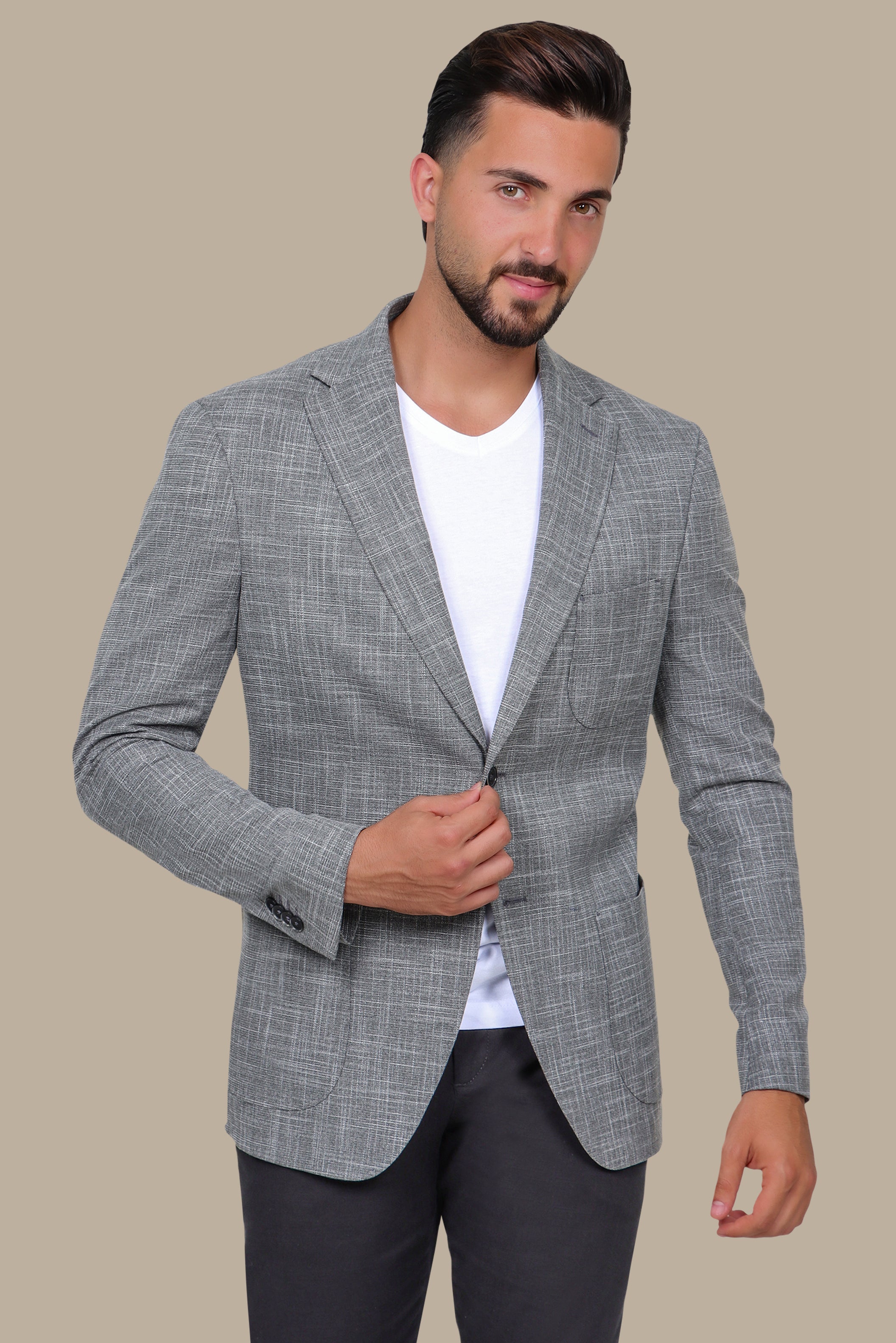 Dark Grey Slim Fit Blazer with Up & Down Notch Patch