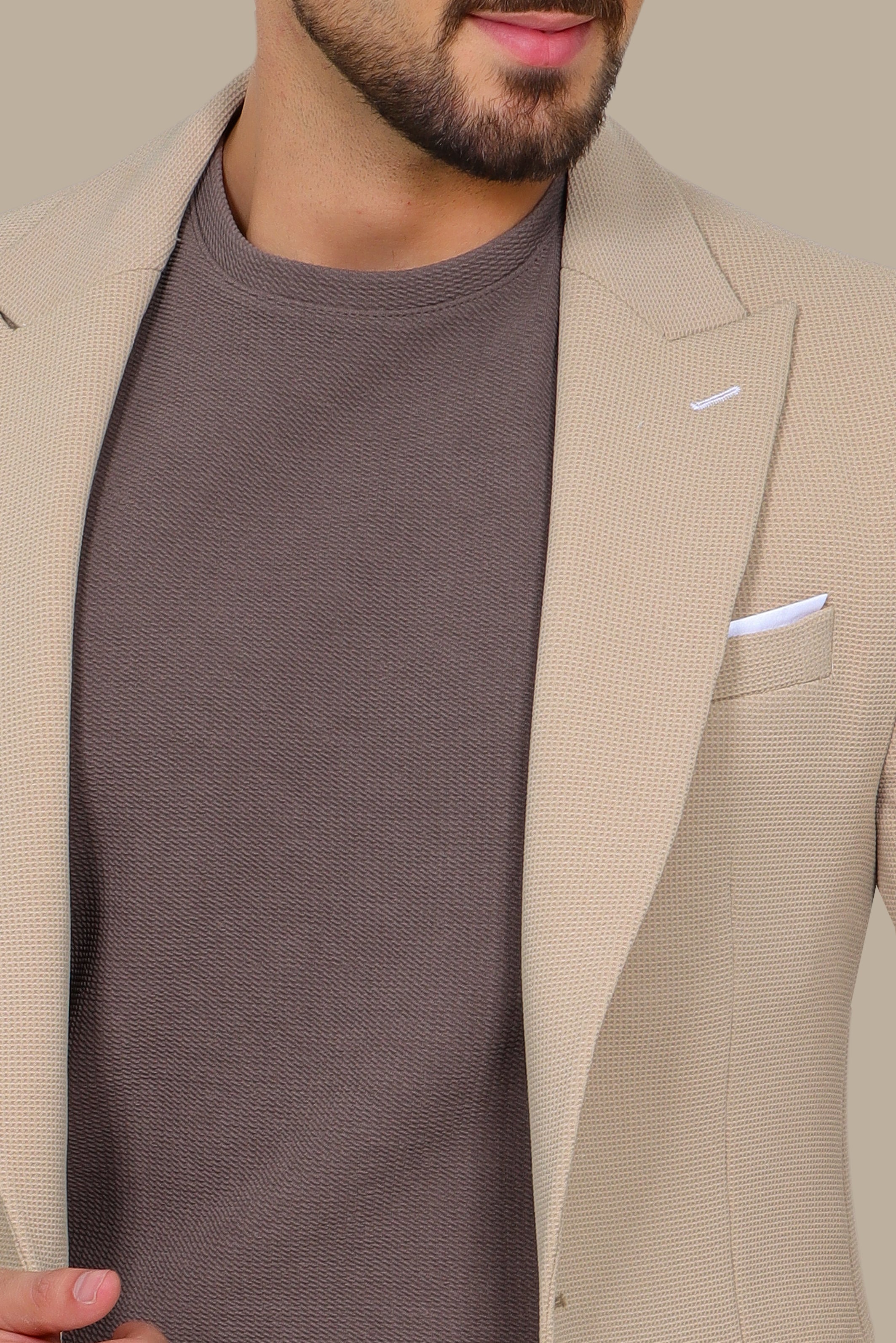 Beige Piquet Blazer with Peak Lapel