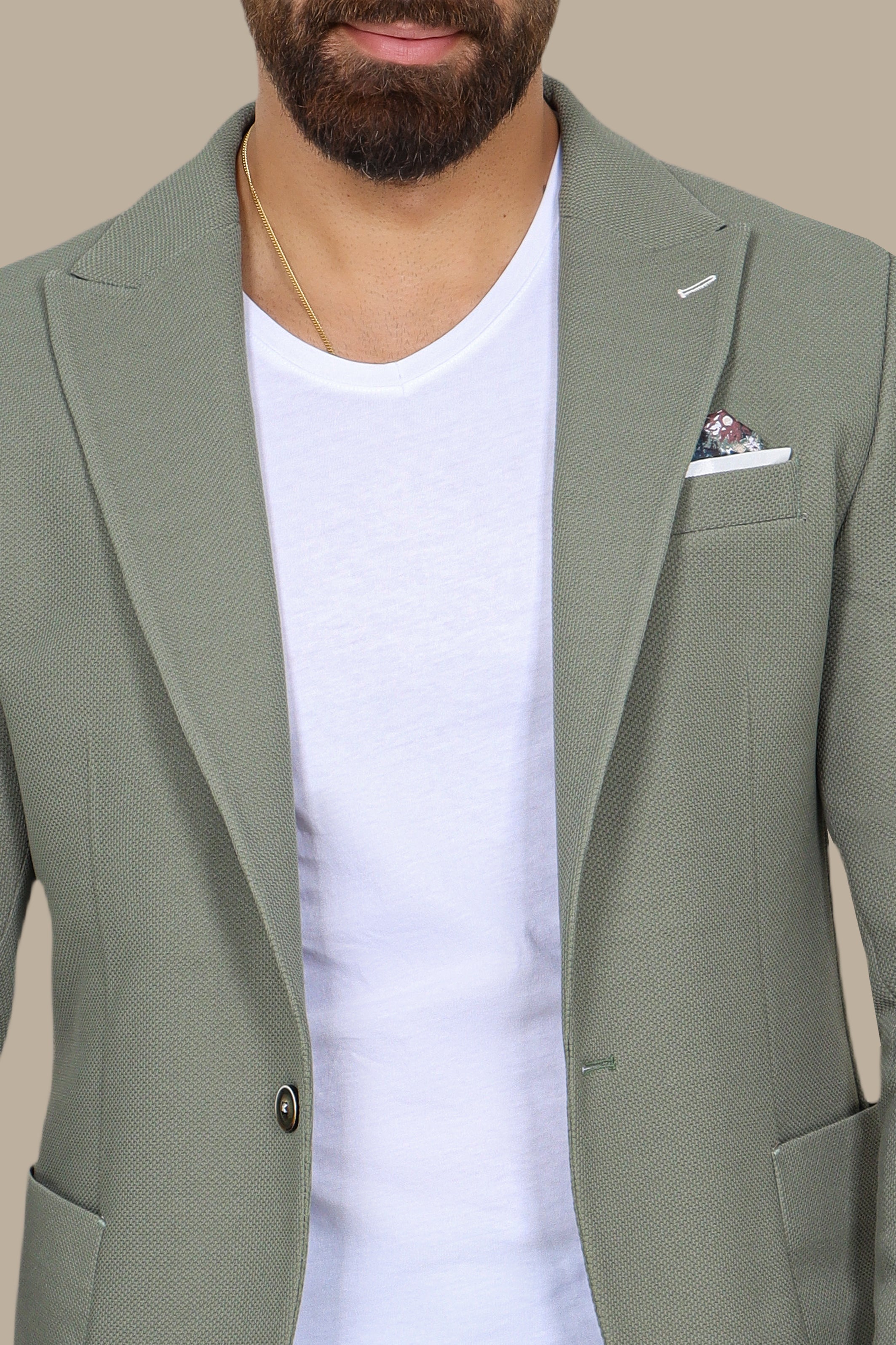 Olive Piquet Blazer with Peak Lapel