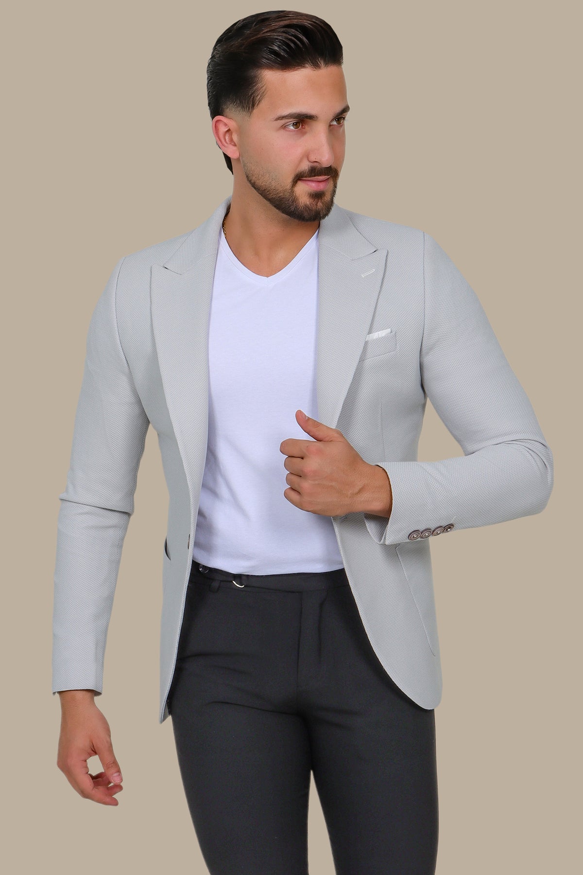 Light Grey Piquet Blazer with Peak Lapel