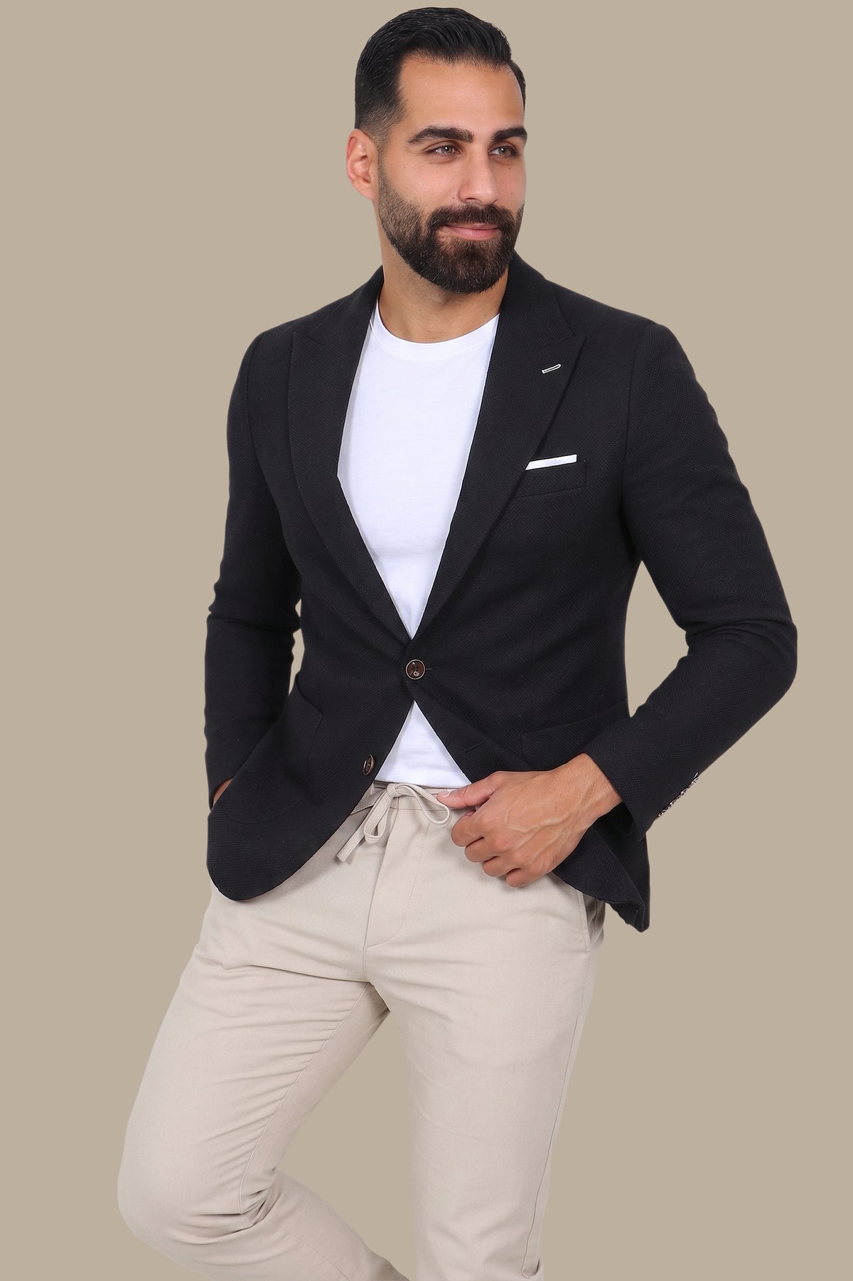 Black Piquet Blazer with Peak Lapel