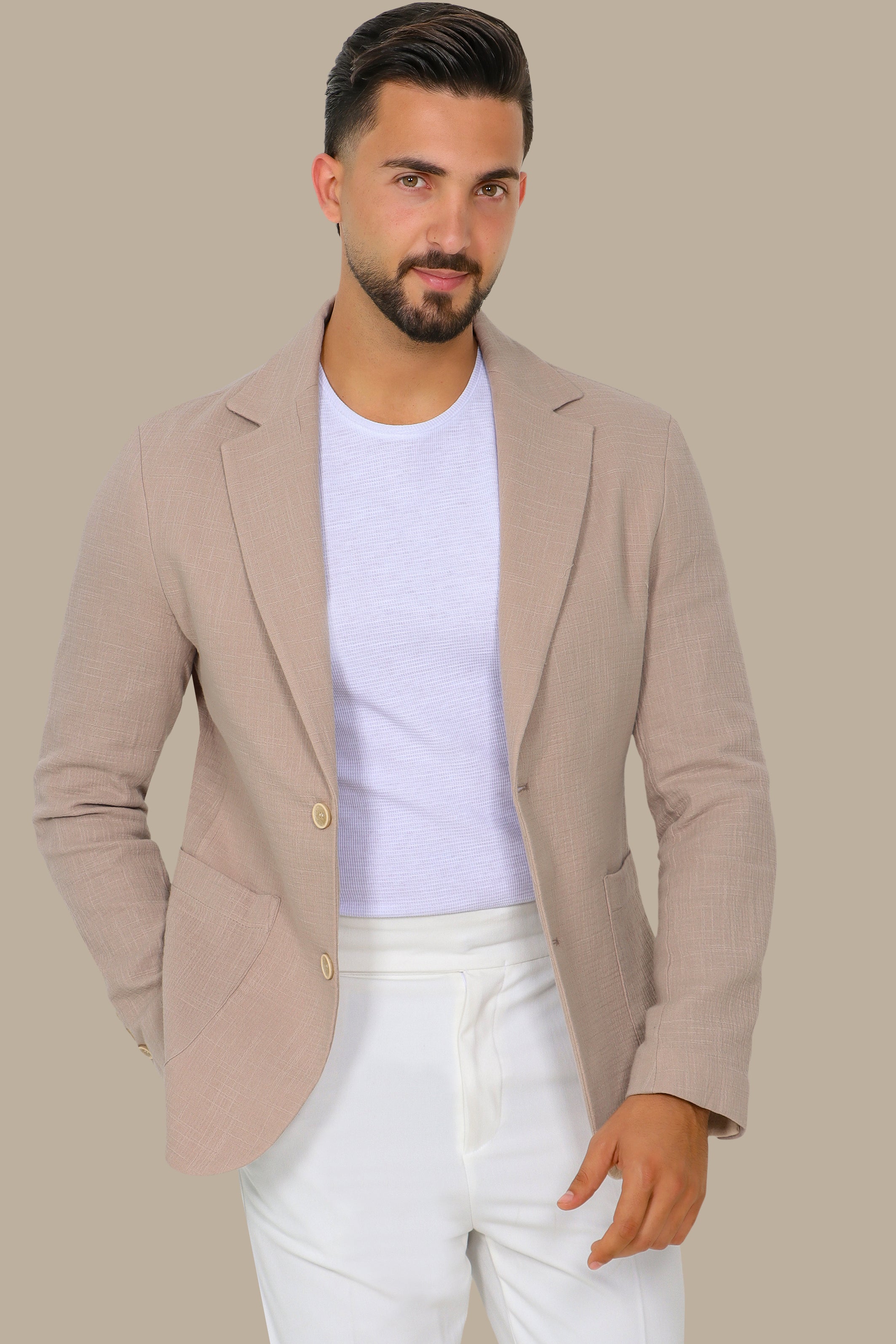 Beige Linen Blazer with Notch Lapel