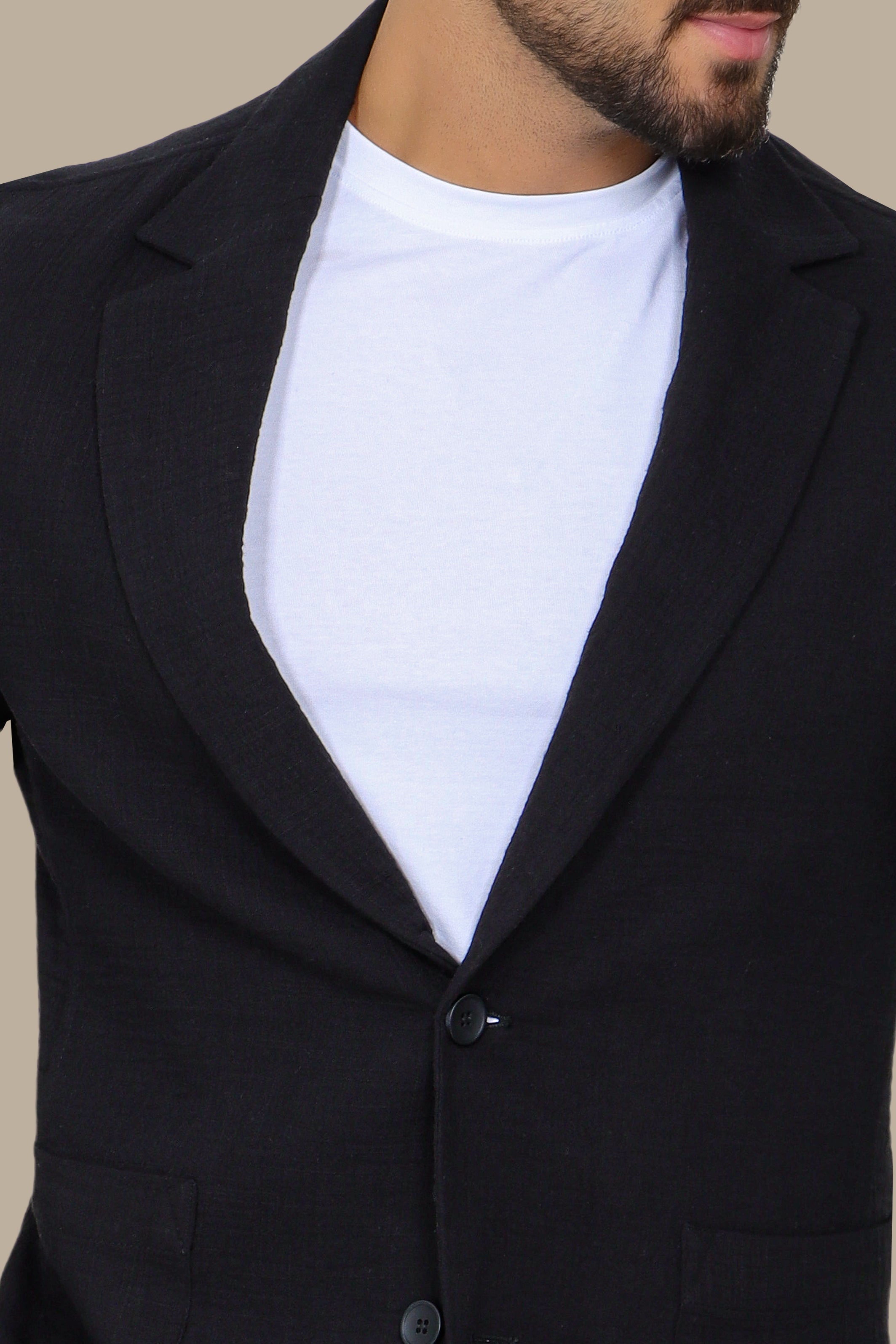 Black Linen Blazer with Notch Lapel
