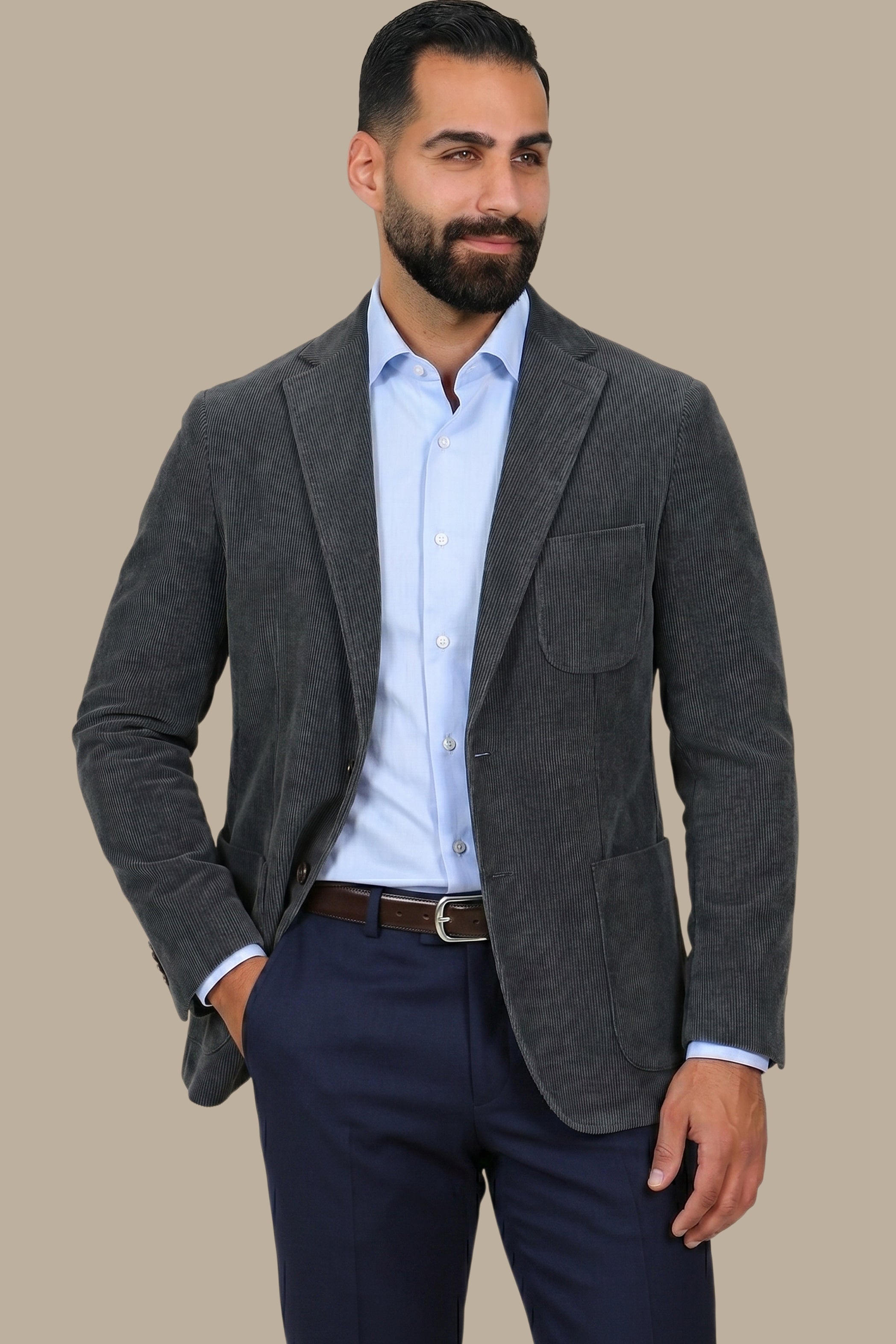Grey Corduroy Blazer with Patch Pockets