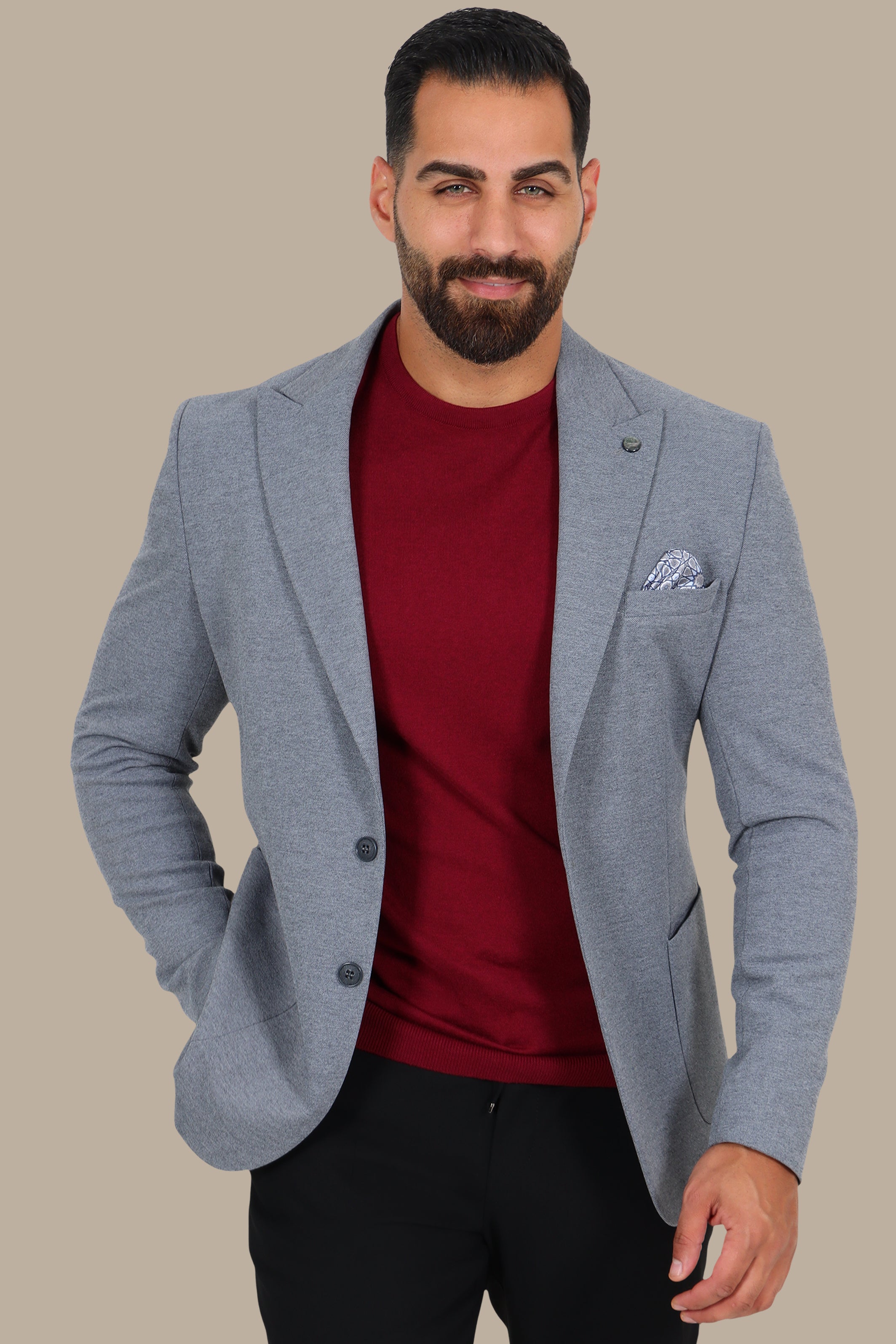 Grey Piquet Blazer with Peak Lapel