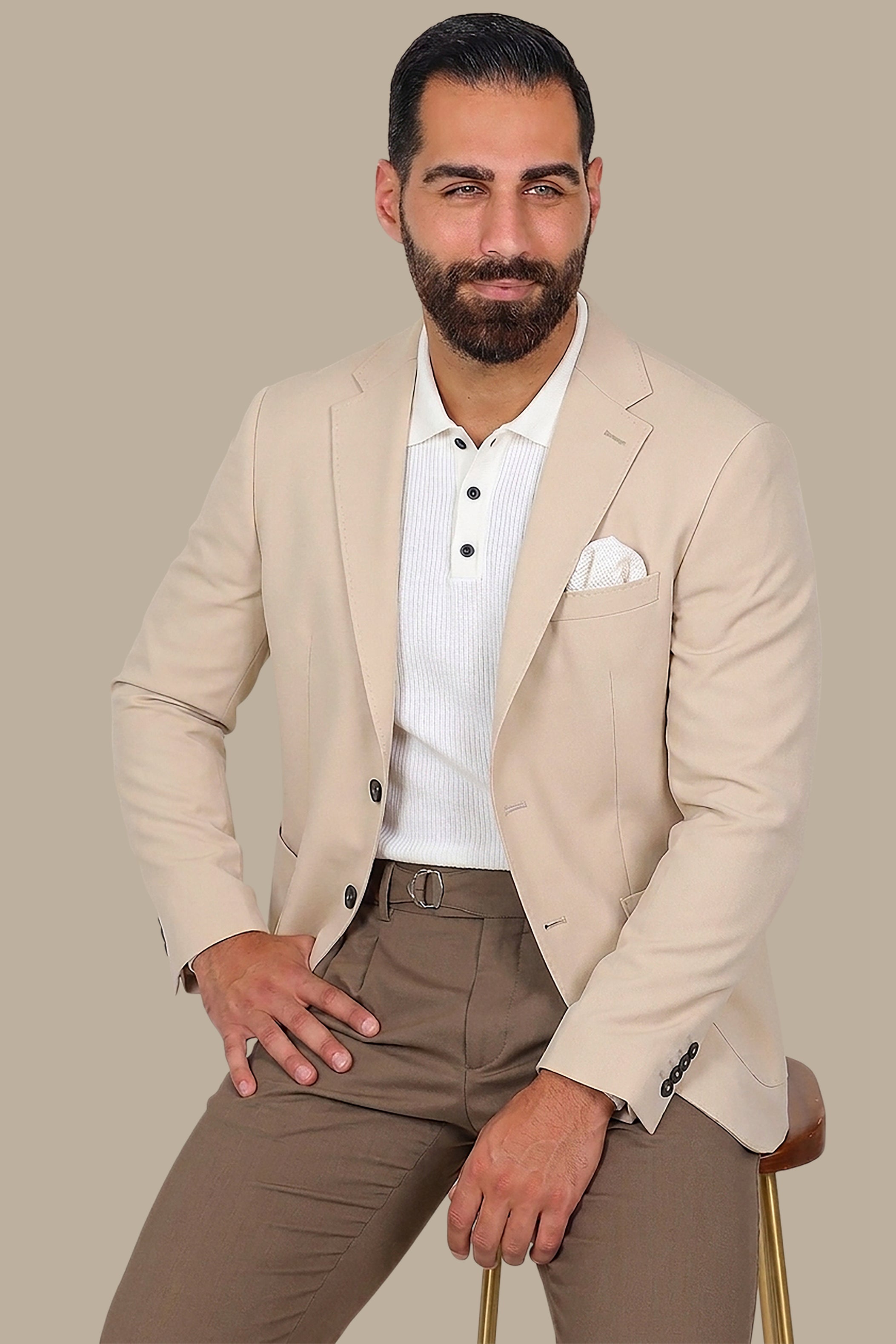 Beige Full Lycra Notch Lapel Blazer