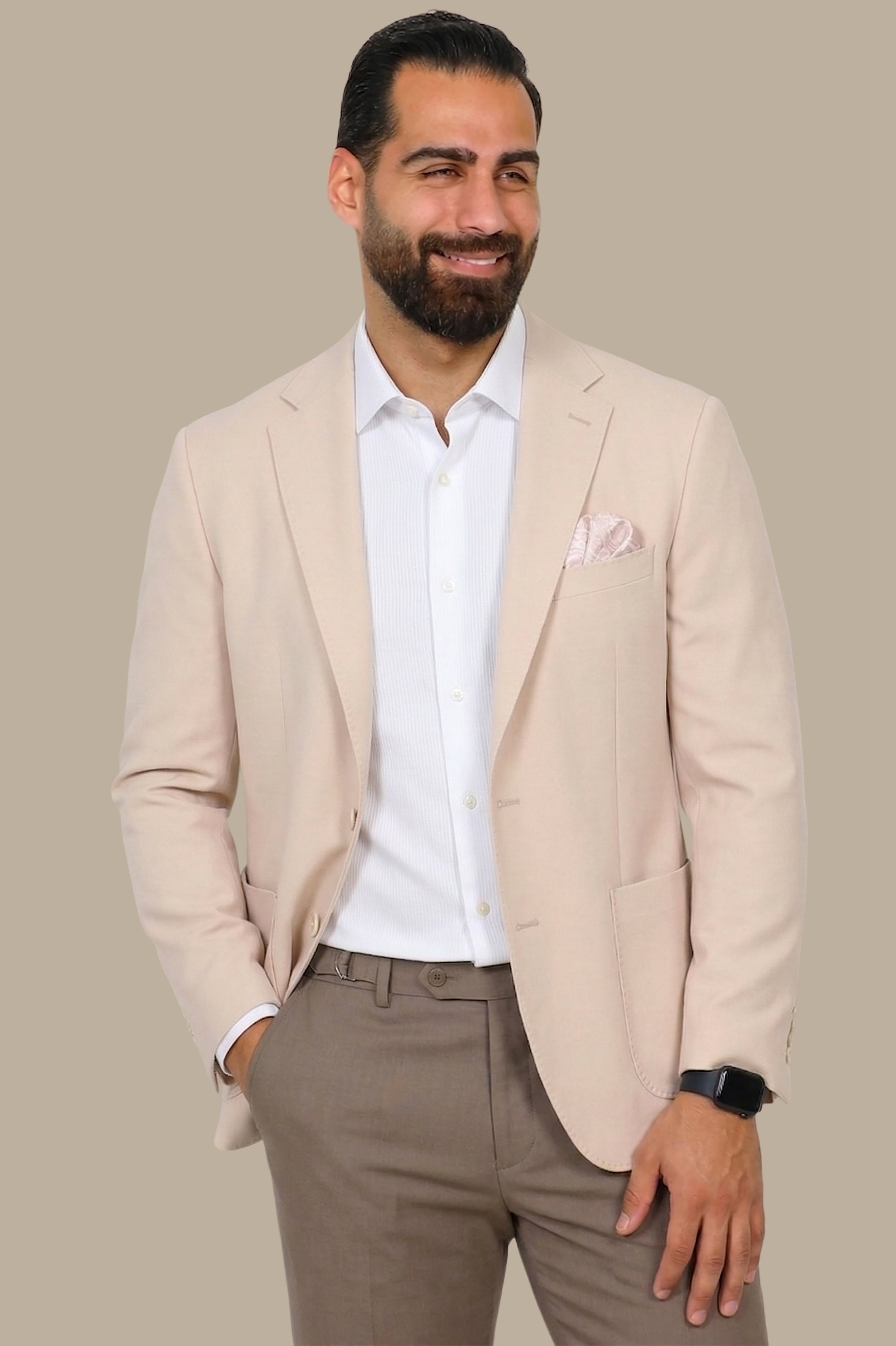 Beige Full Lycra Notch Lapel Blazer