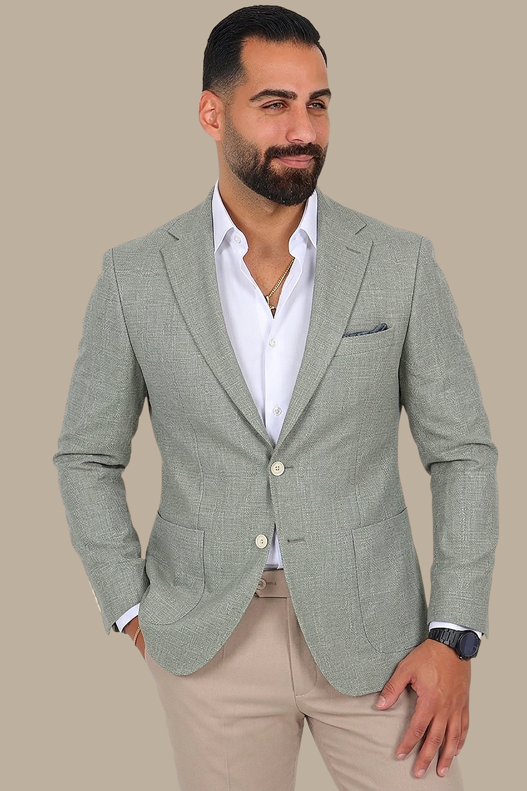 Olive Fil-à-Fil Structured Notch Blazer