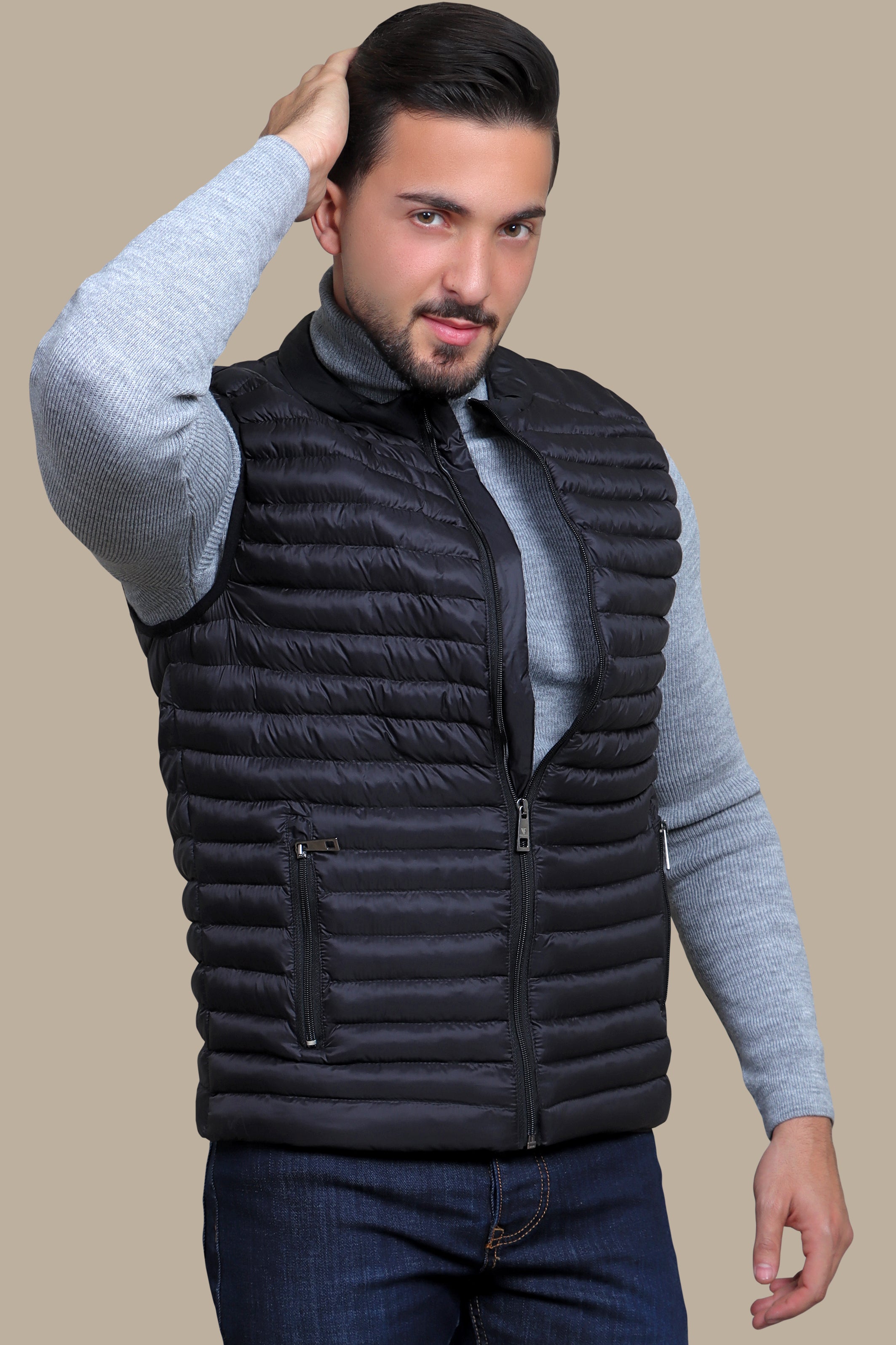 Nocturnal Trek: Black Padded Puffer Vest for Urban Explorations