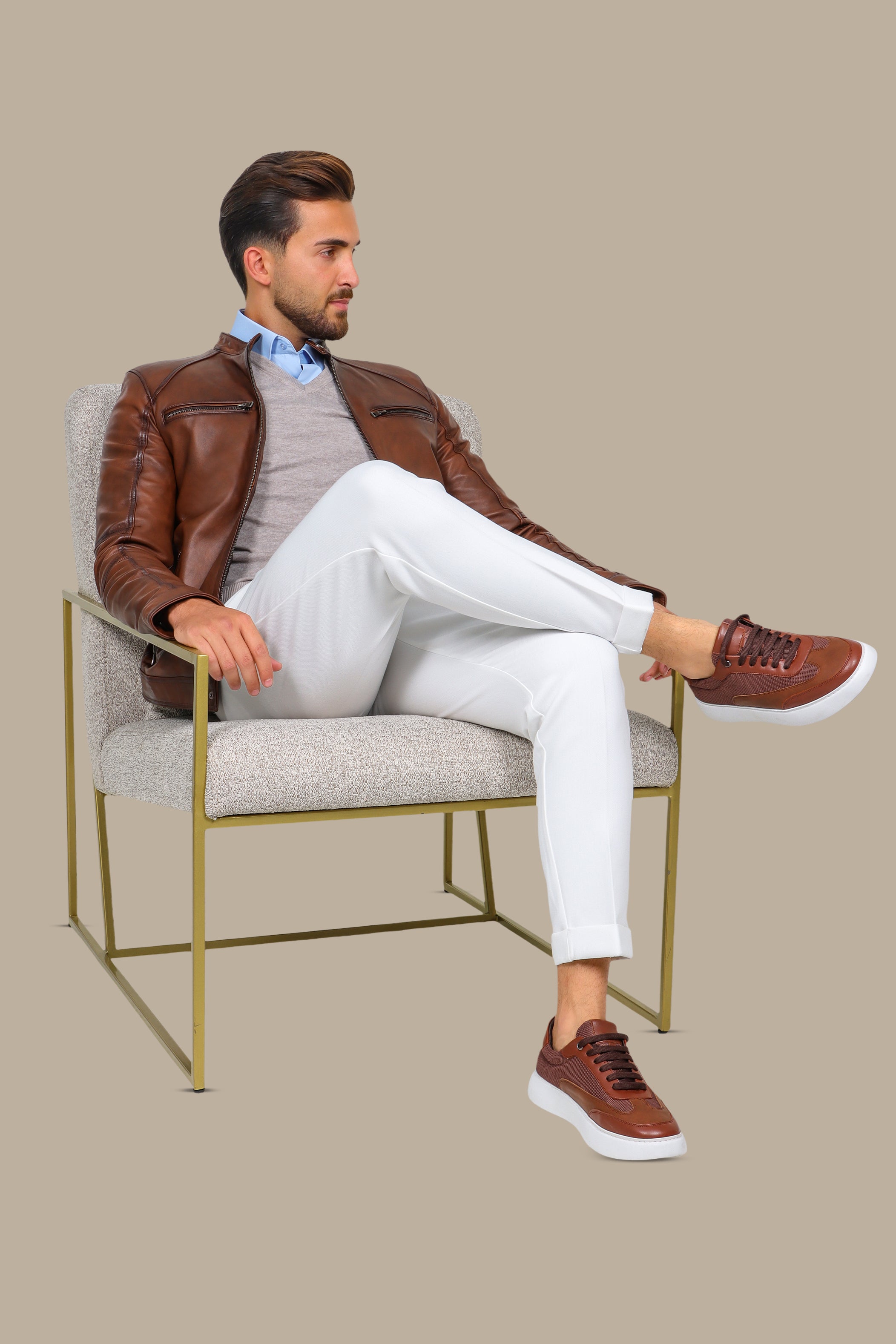 Havane Leather Collar Jacket with Four Zippers