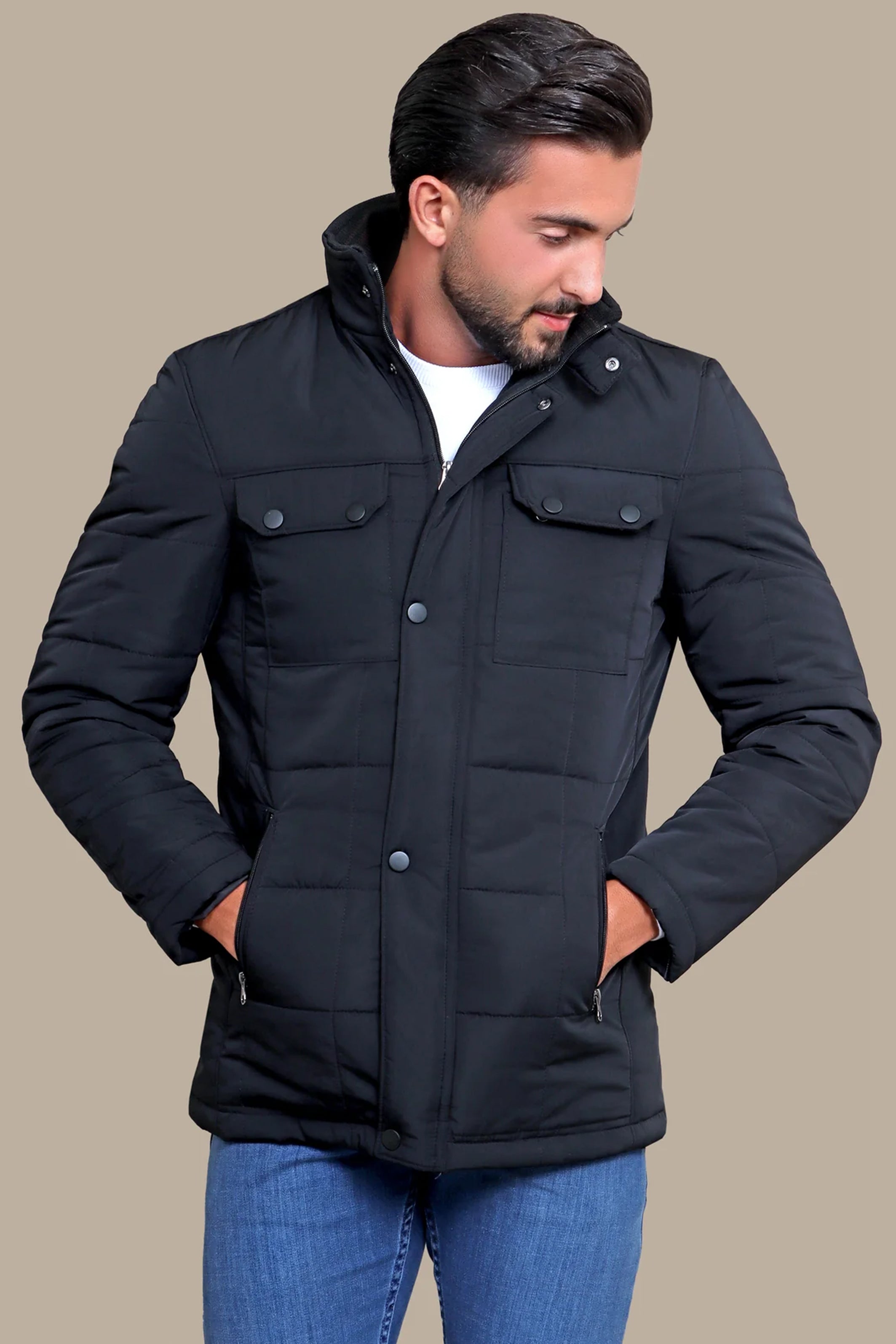 Black Puffer Jacket with Flap Pockets