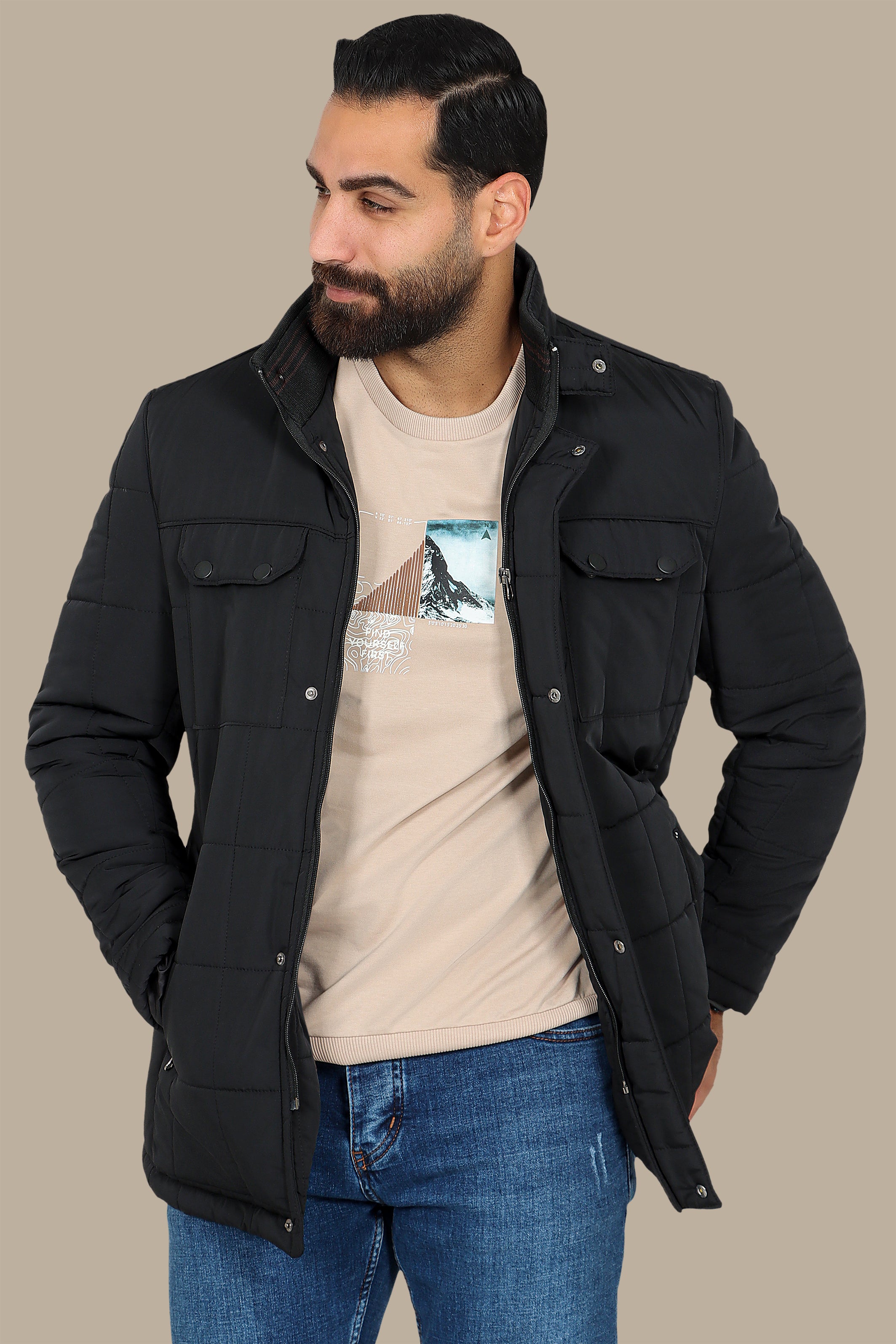 Black Puffer Jacket with Flap Pockets