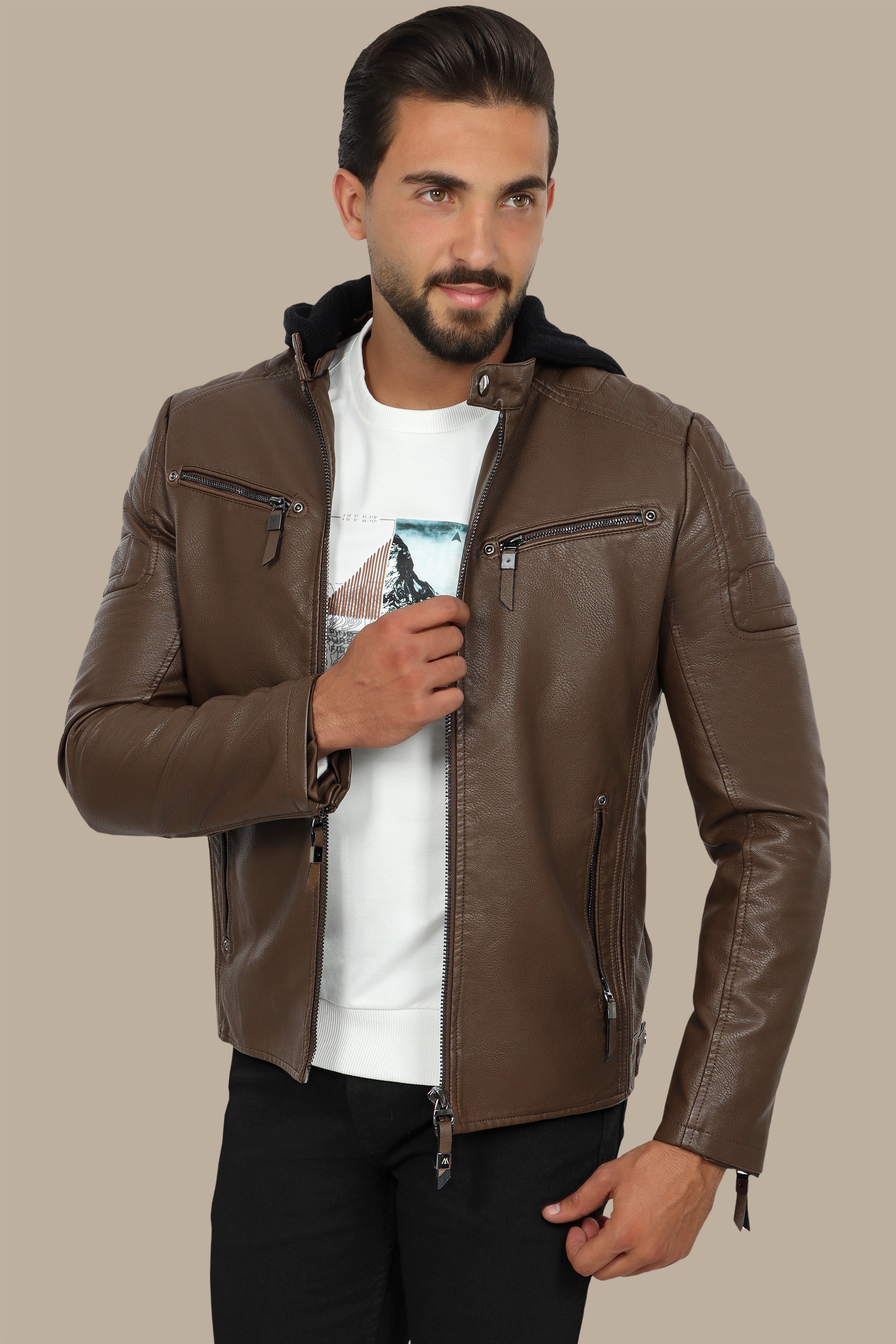 Faux Leather Rider Jacket with Detachable Hoodie in Camel
