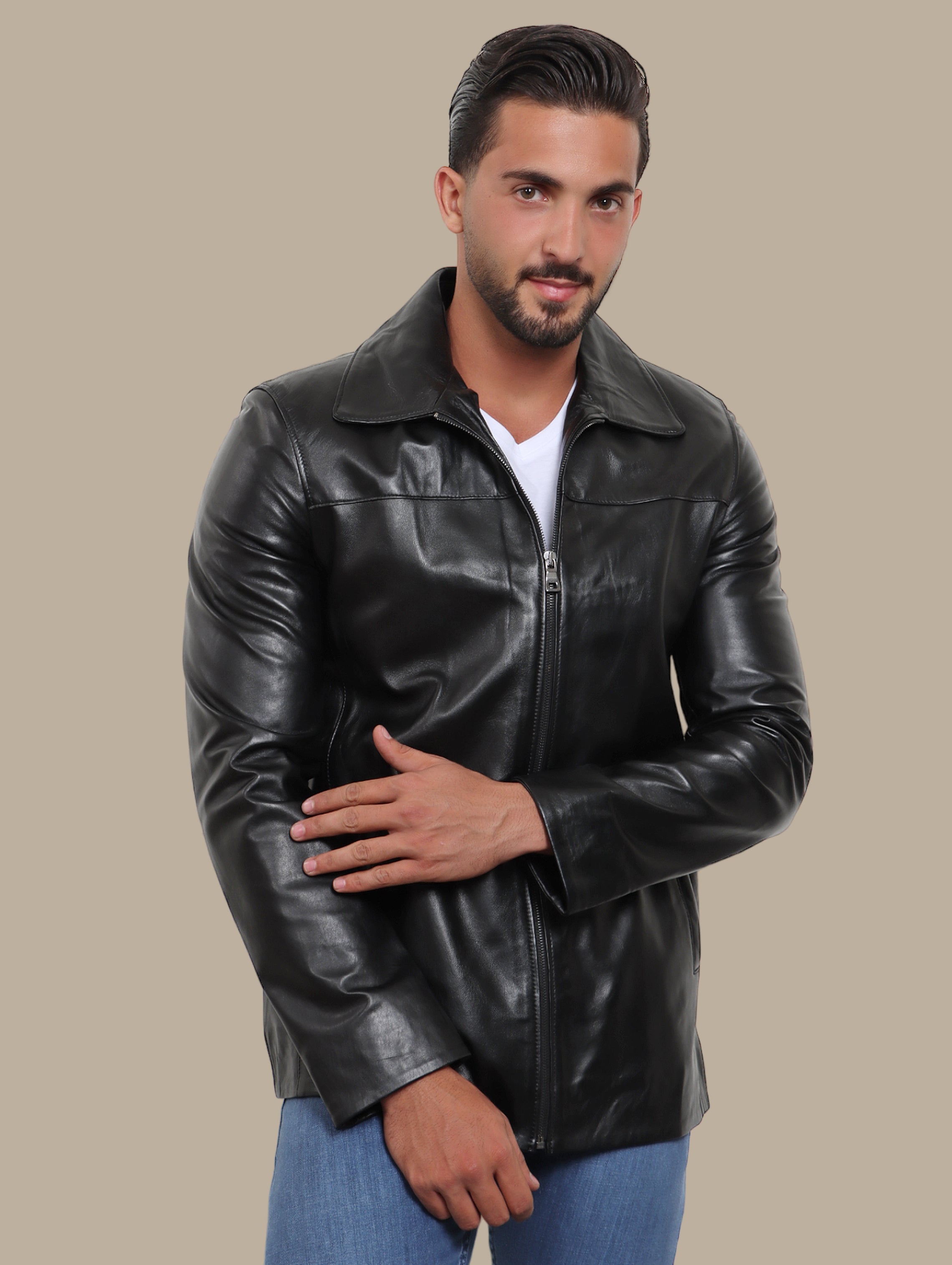 Classic Black Leather Long Jacket
