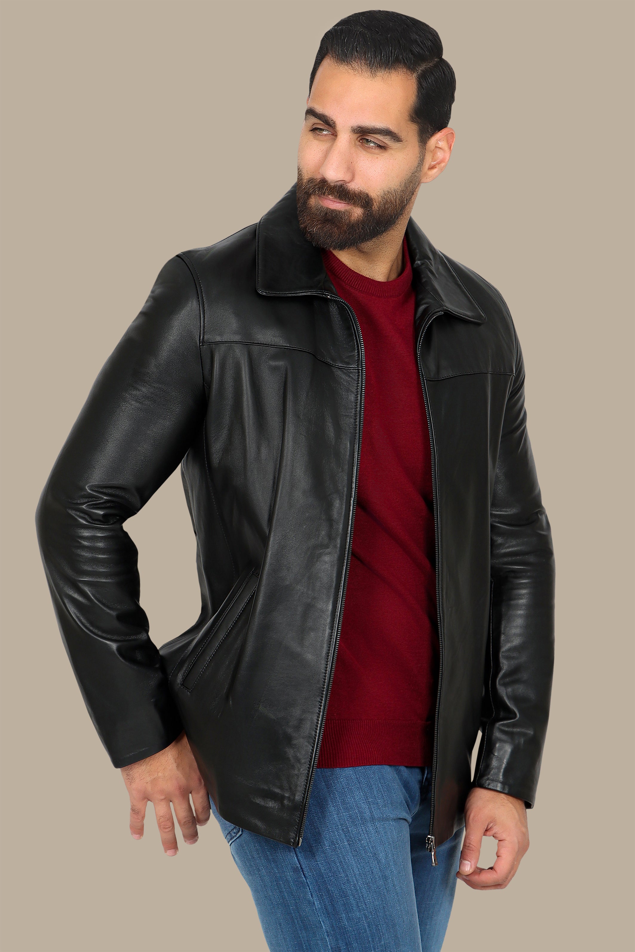 Classic Black Leather Long Jacket