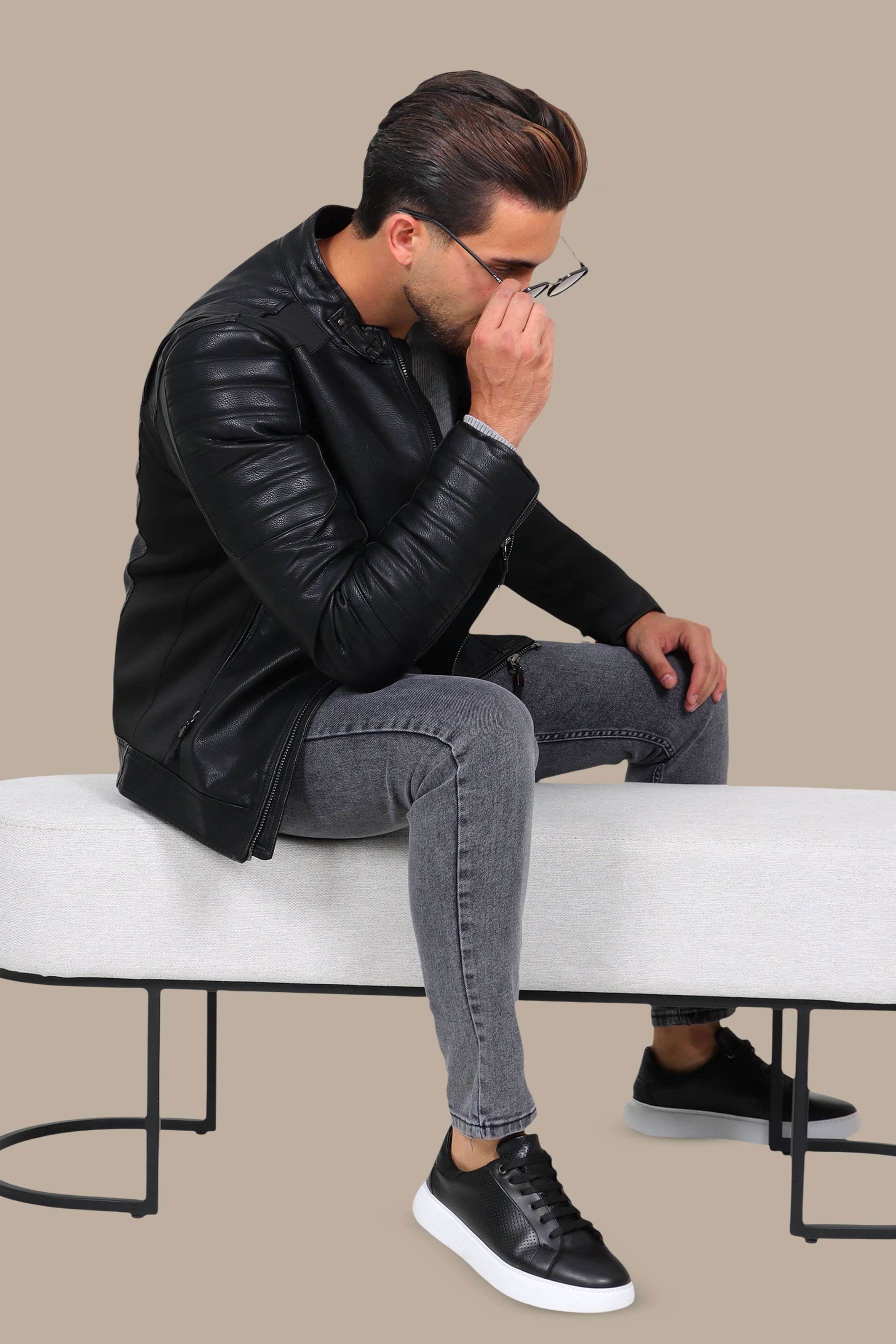 Black Elegance: Faux Leather Jacket with Neck Belt