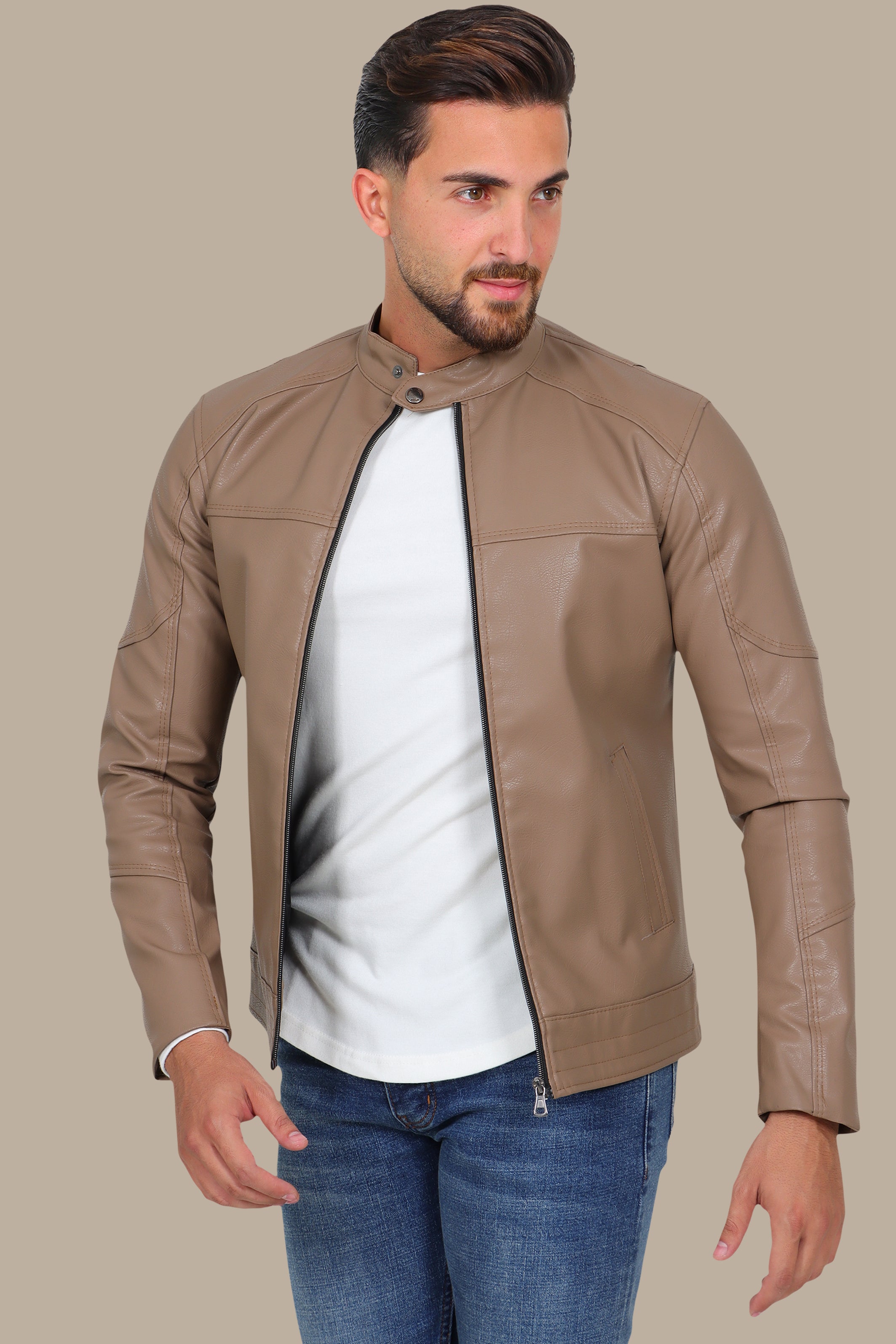Jacket Faux Leather Basic Col Mao Beige