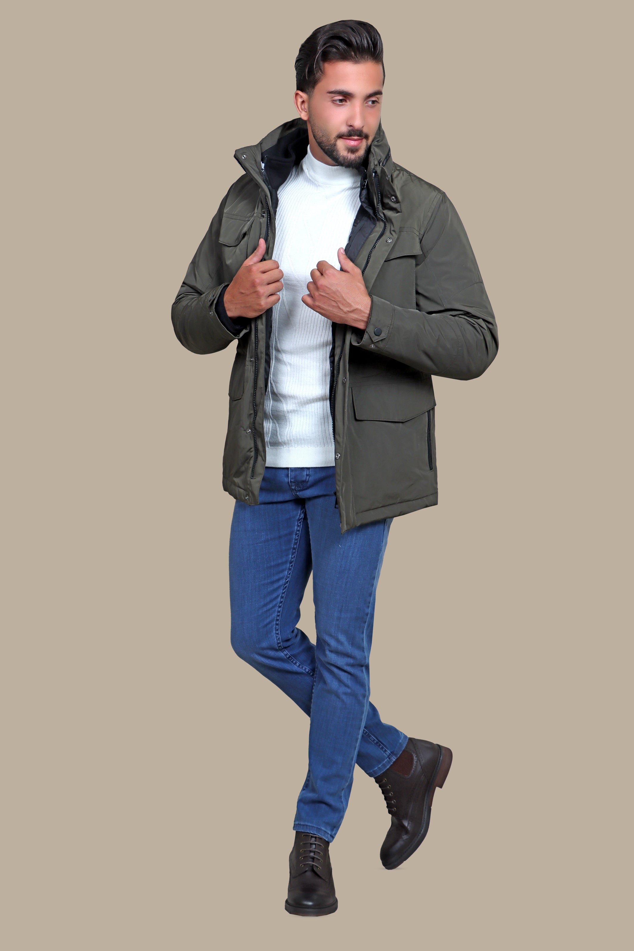 Khaki Windbreaker Jacket with Detachable Hood