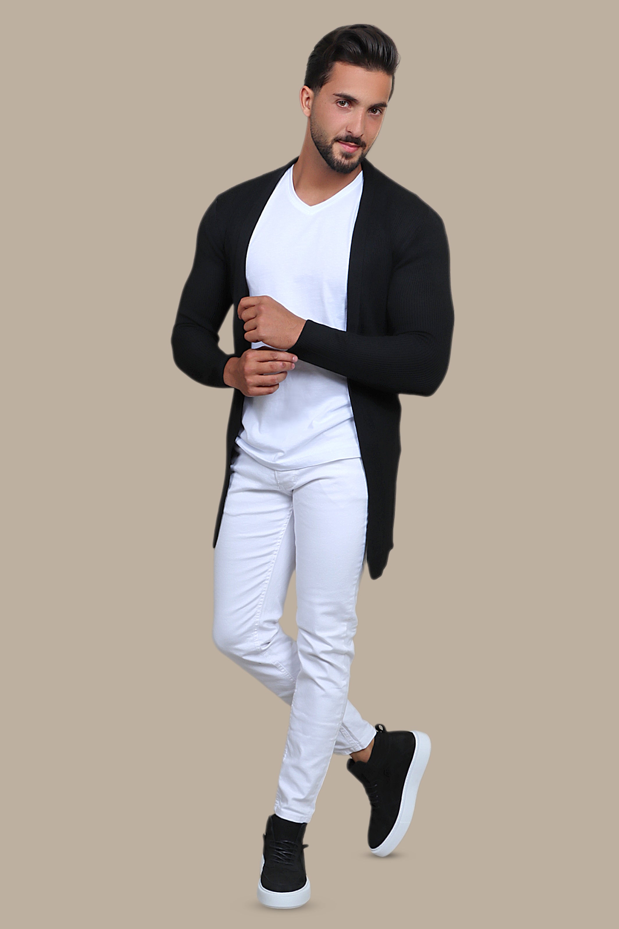 Enigmatic Obsidian Embrace: The Mysterious Black Ribbed Long Cardigan