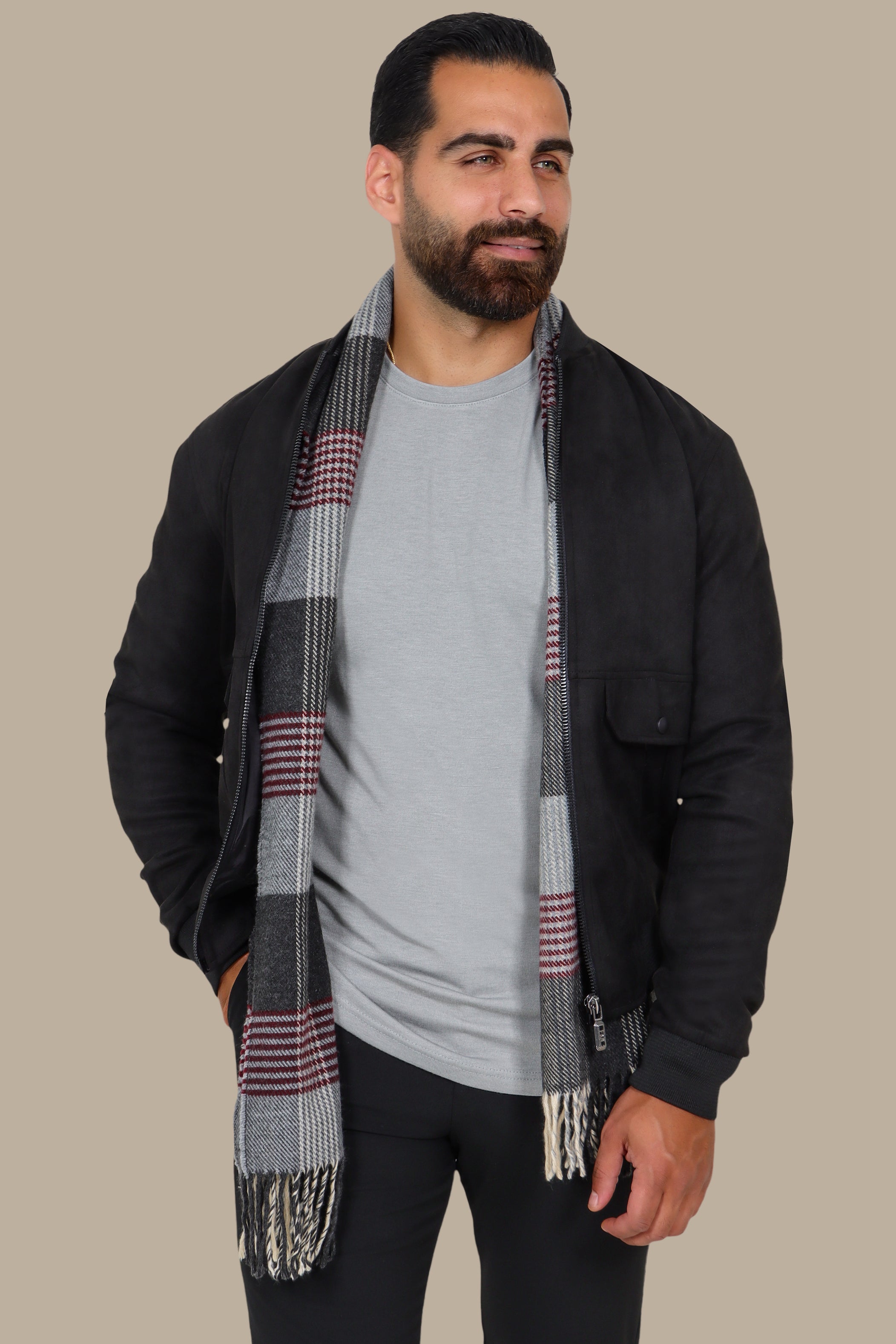 Faux Suede Blouson Jacket with Mao Collar