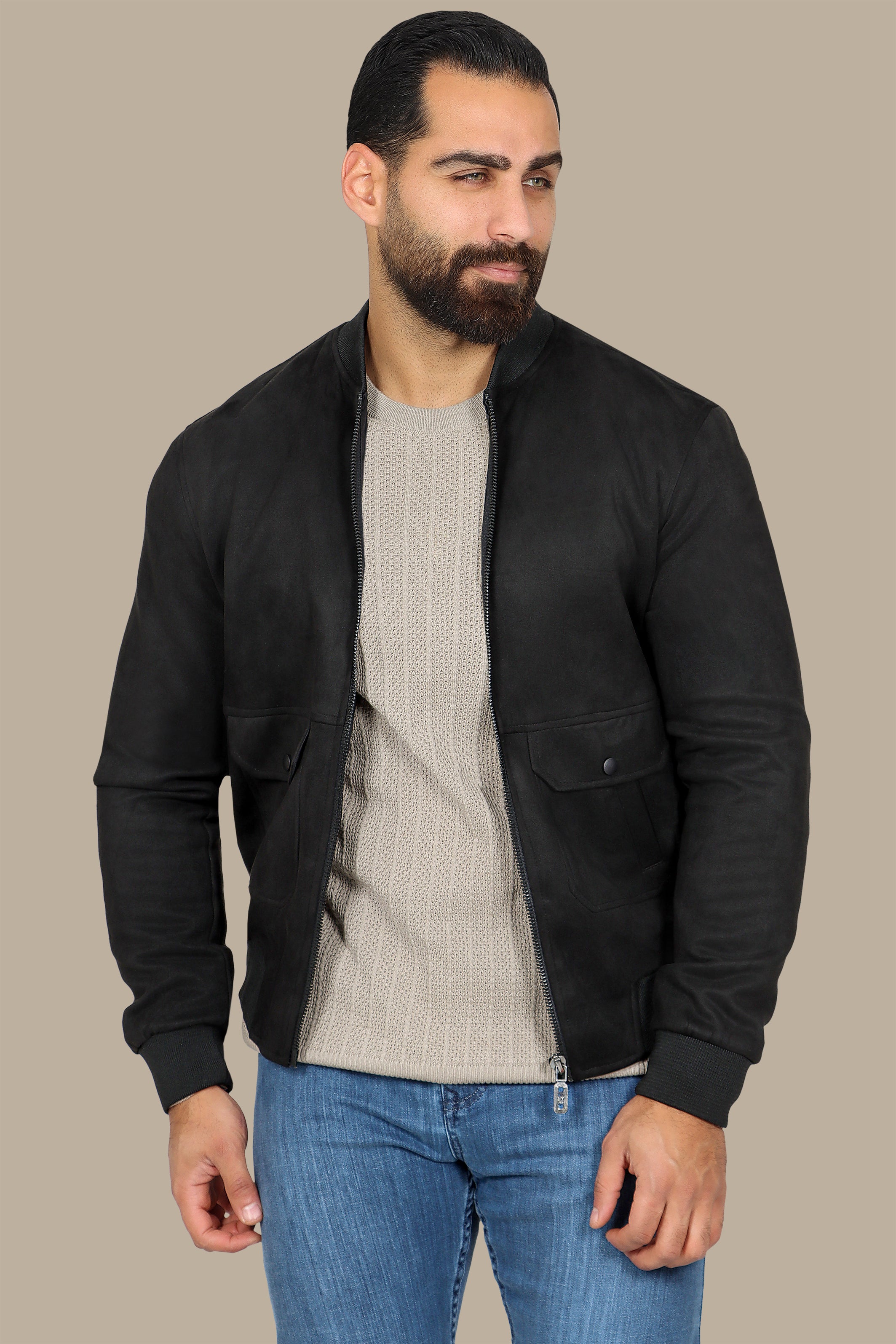 Faux Suede Blouson Jacket with Mao Collar