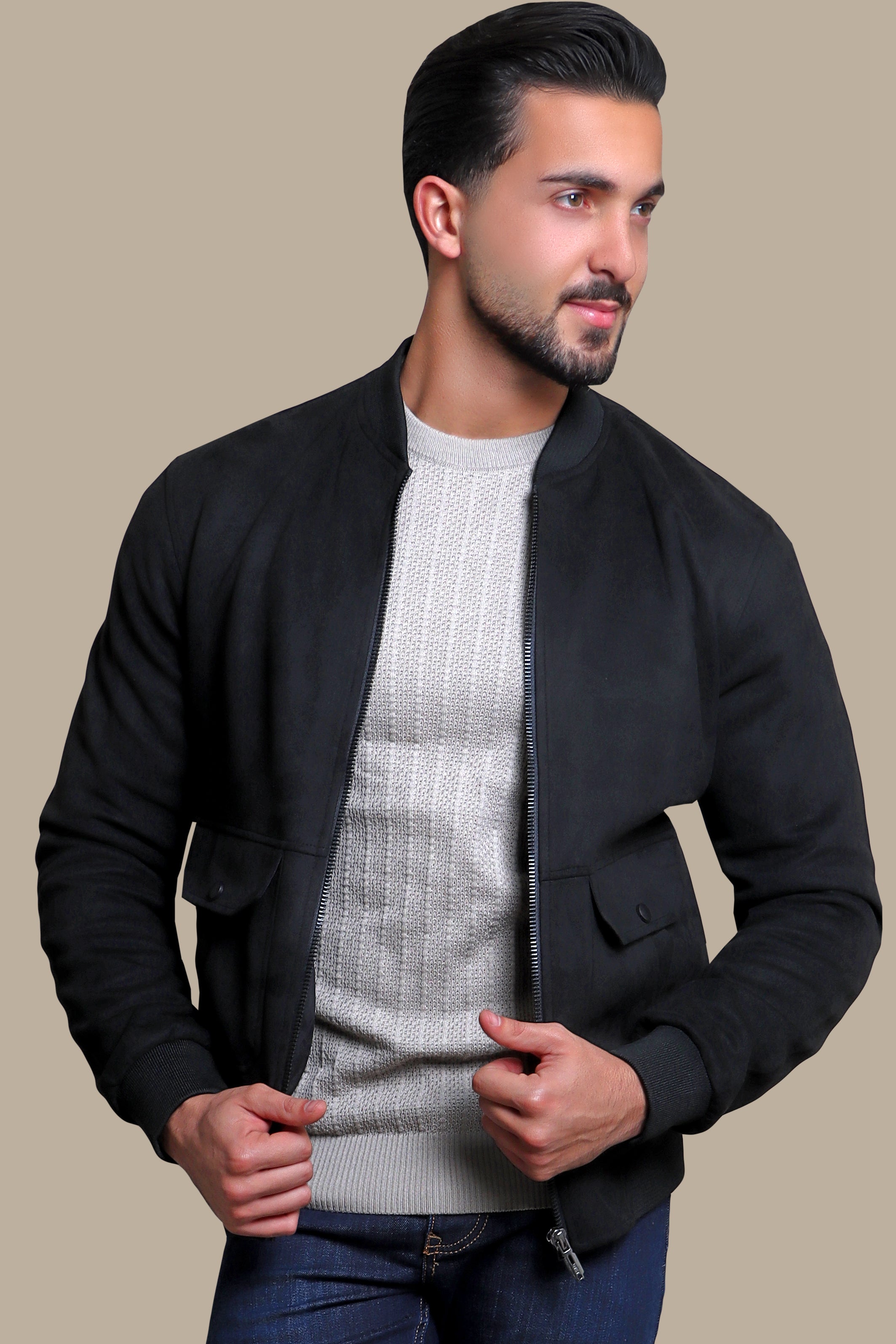 Faux Suede Blouson Jacket with Mao Collar