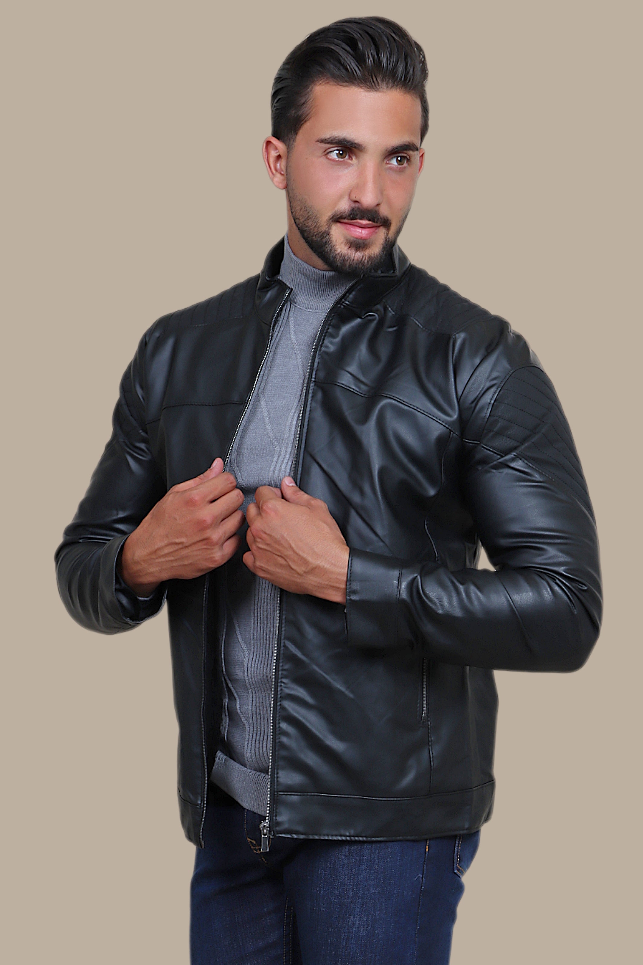 Black Faux Leather Mao Collar Jacket with Mixed Fabric