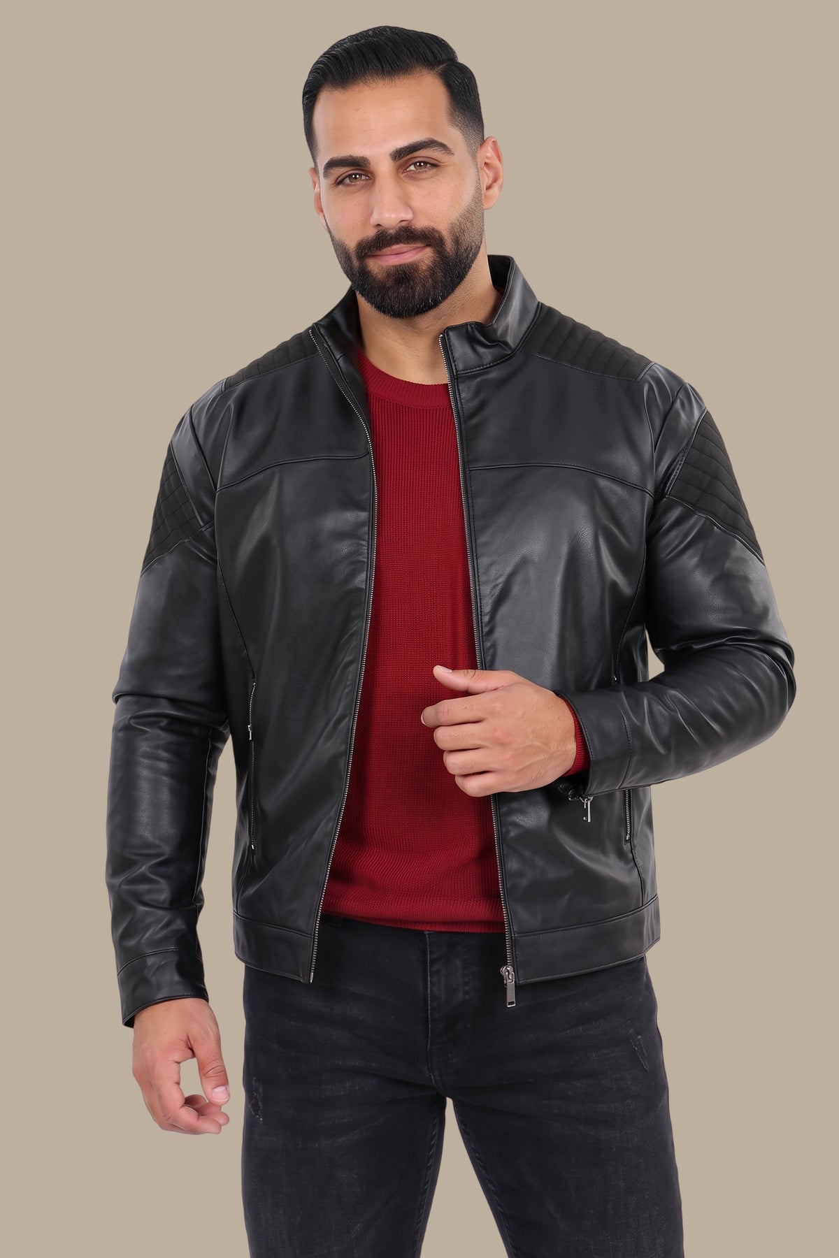 Black Faux Leather Mao Collar Jacket with Mixed Fabric