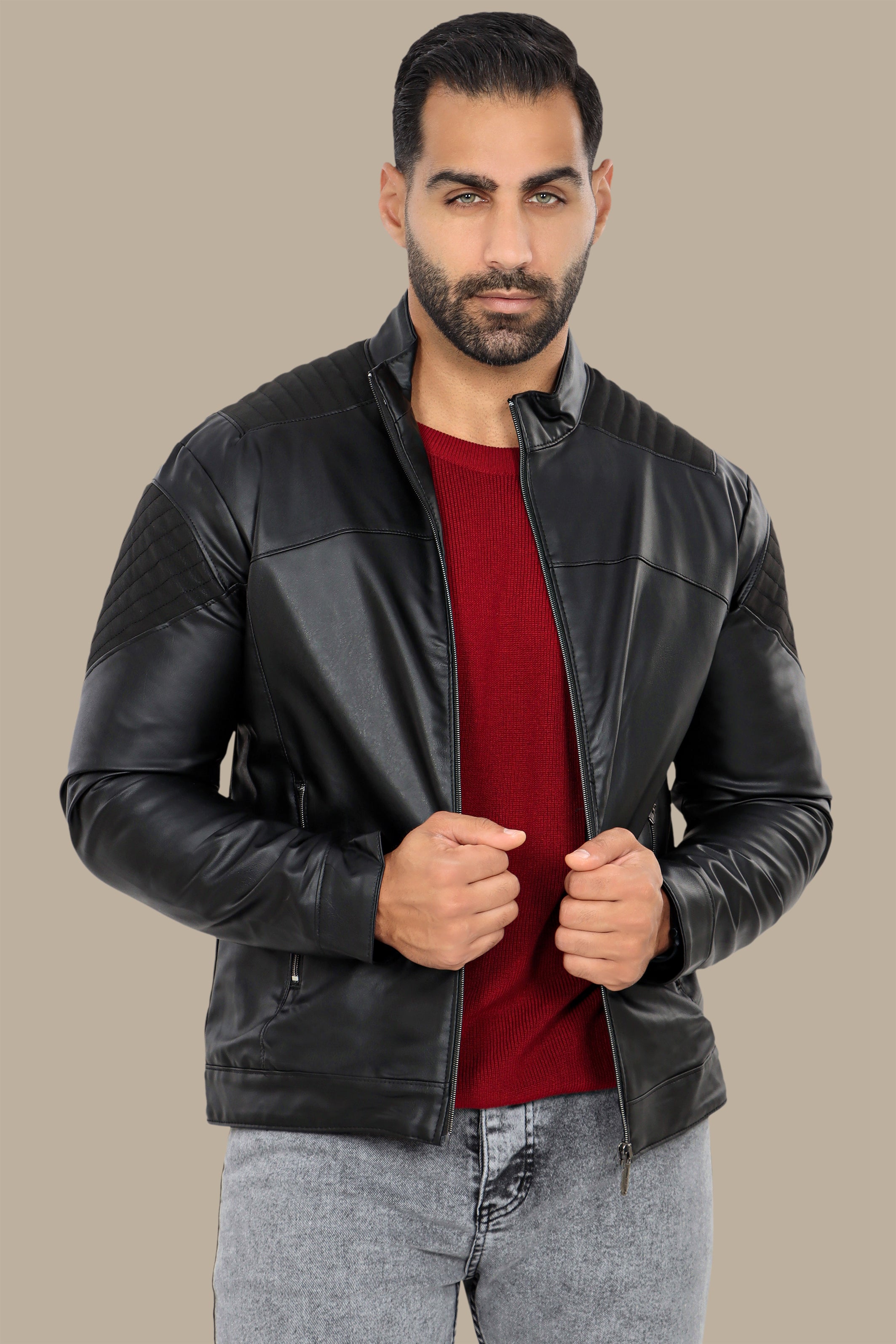 Black Faux Leather Mao Collar Jacket with Mixed Fabric