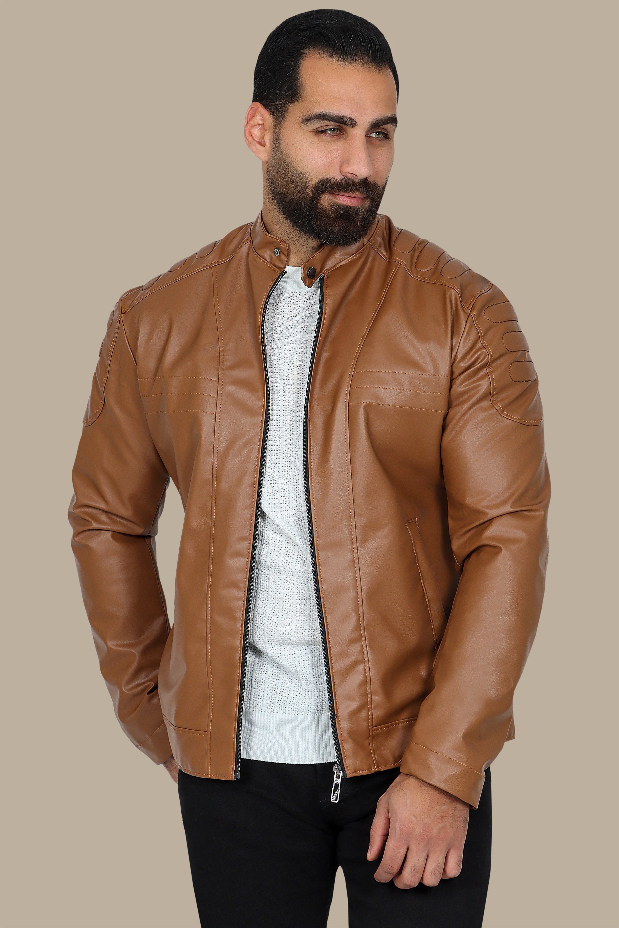 Havane Chic: Faux Leather Biker Jacket with Mao Collar
