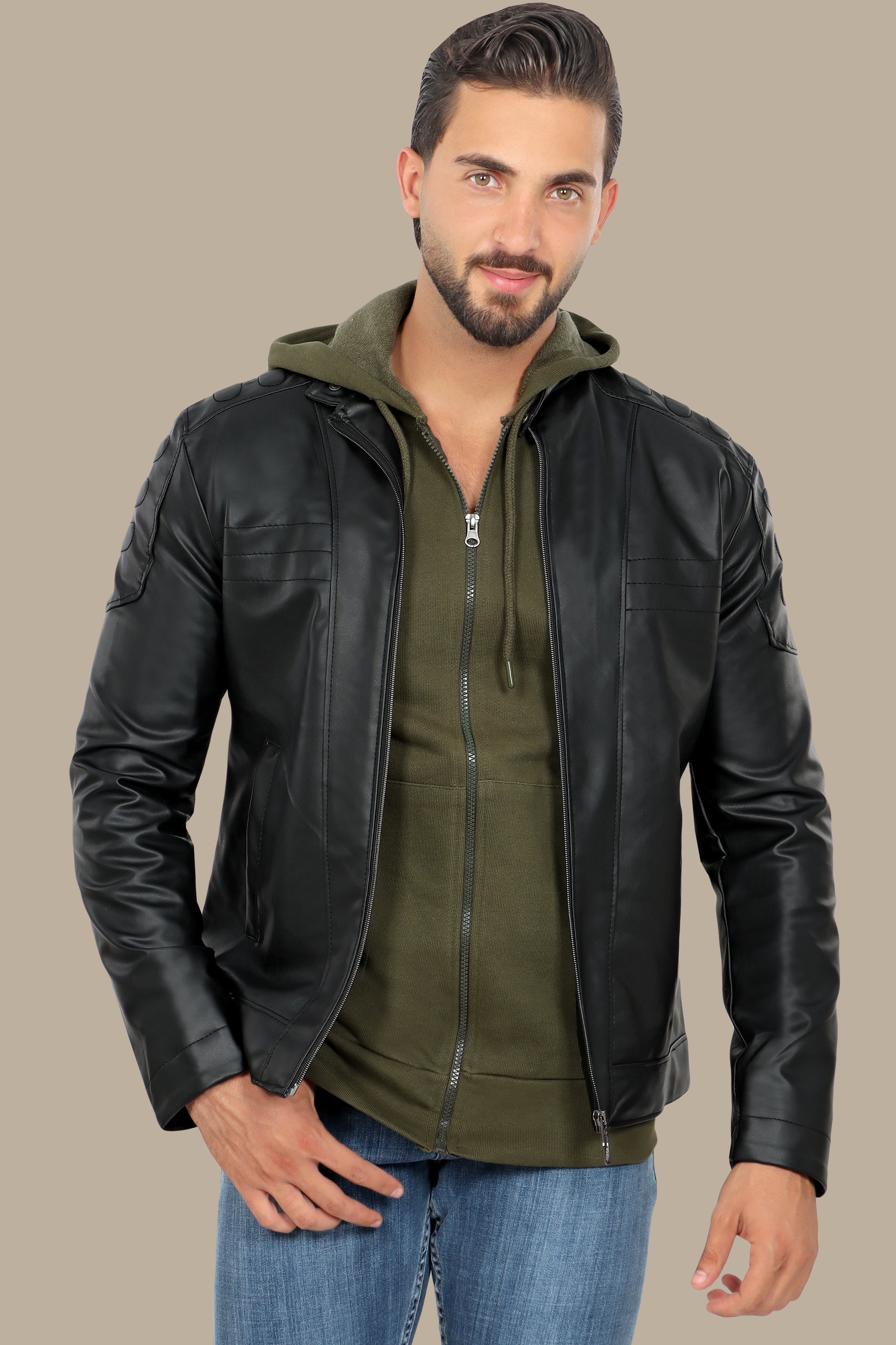 Sleek Sophistication: Black Faux Leather Biker Jacket with Mao Collar