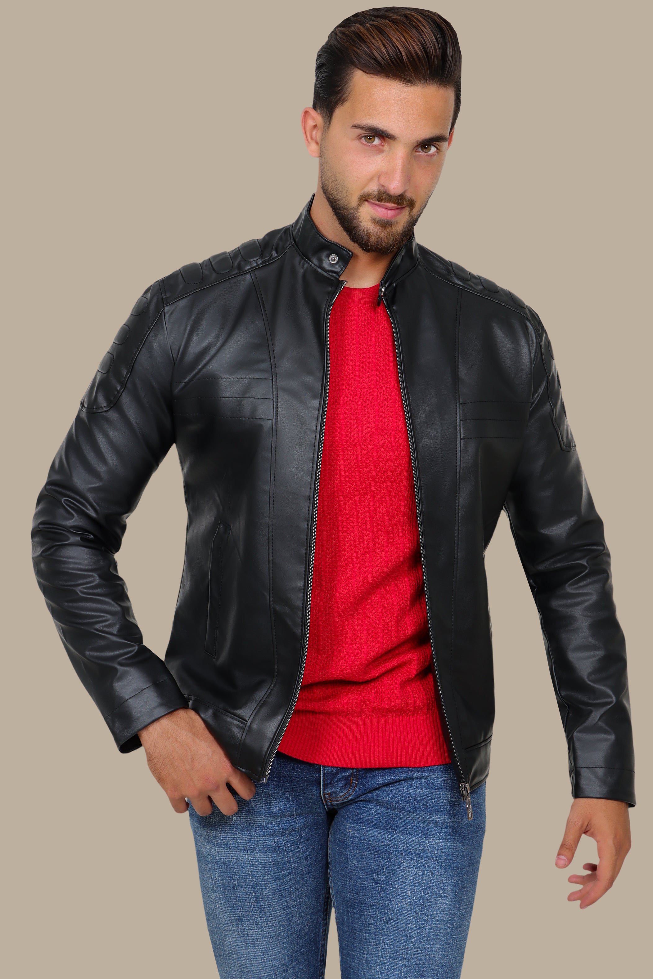 Sleek Sophistication: Black Faux Leather Biker Jacket with Mao Collar