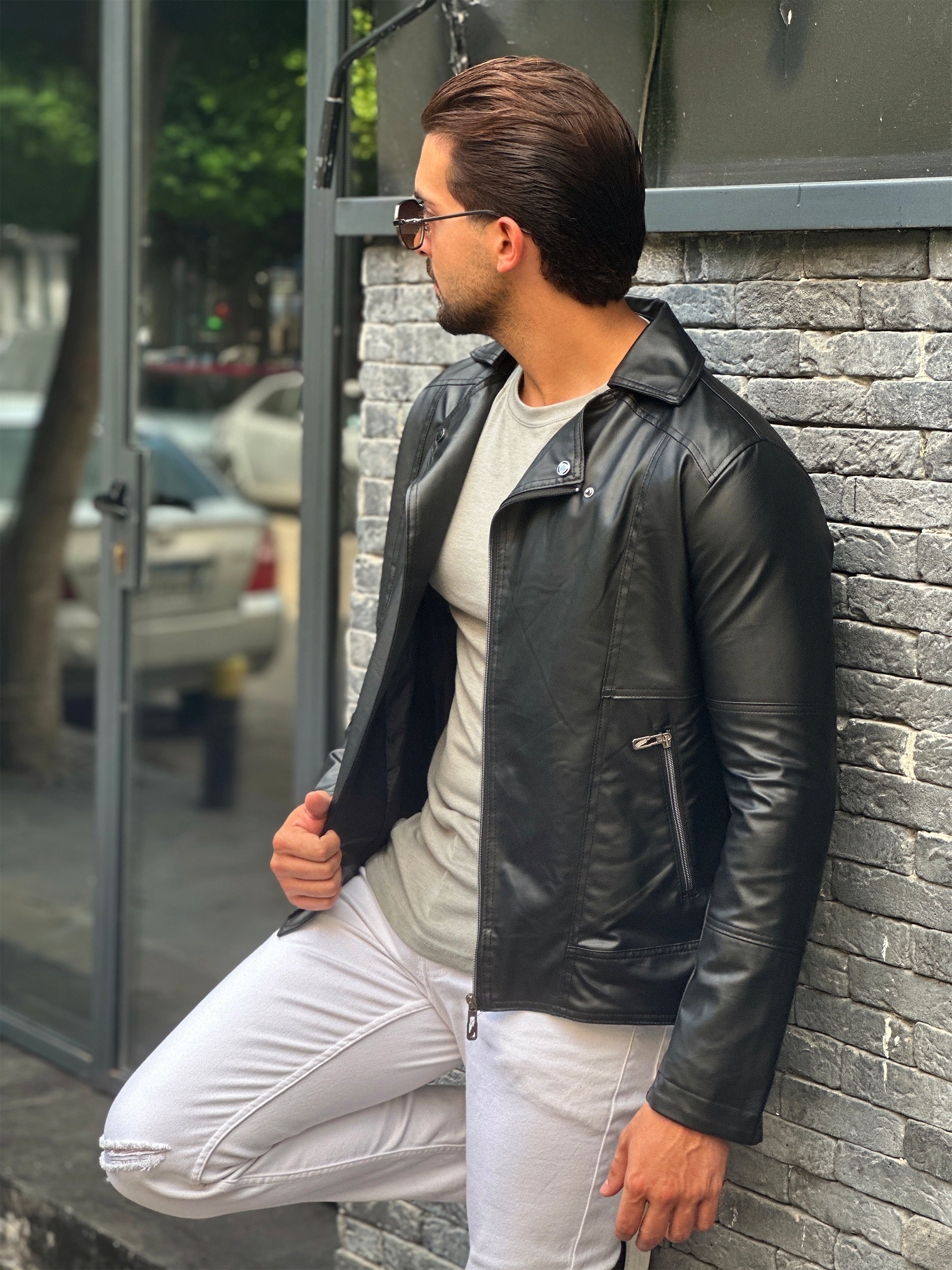 Black Rebel: Faux Leather Biker Jacket with Wide Collar