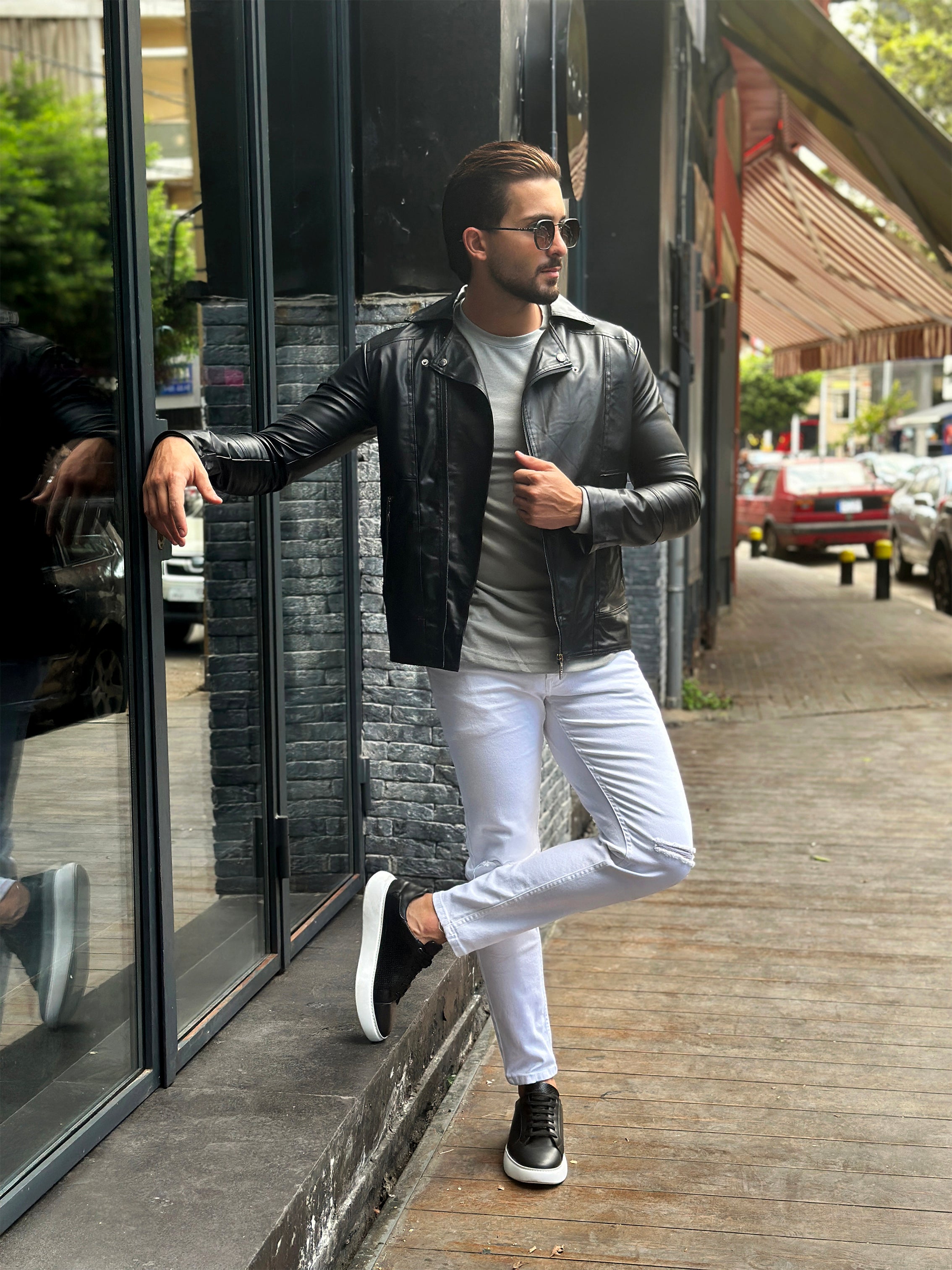 Black Rebel: Faux Leather Biker Jacket with Wide Collar