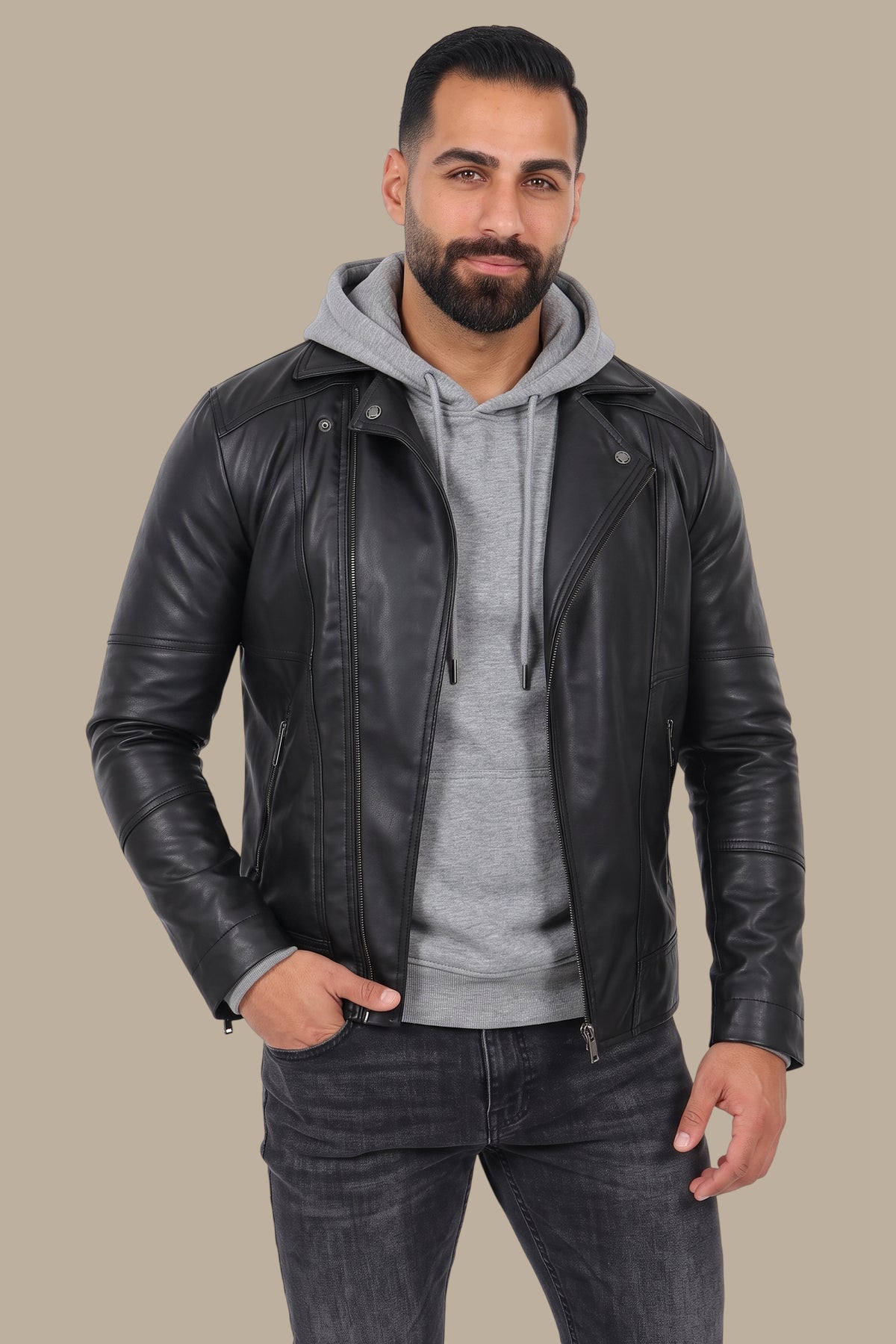 Black Rebel: Faux Leather Biker Jacket with Wide Collar