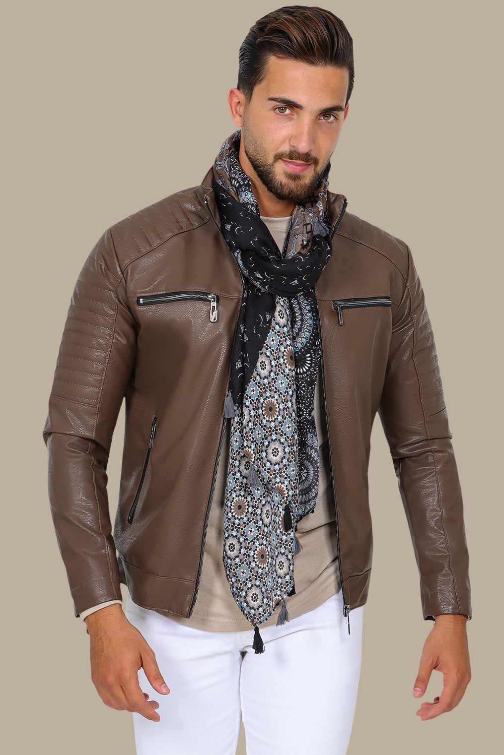 Brown Faux Leather Biker Jacket with 4 Zippers
