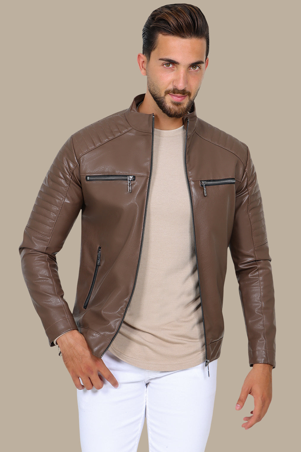 Brown Faux Leather Biker Jacket with 4 Zippers