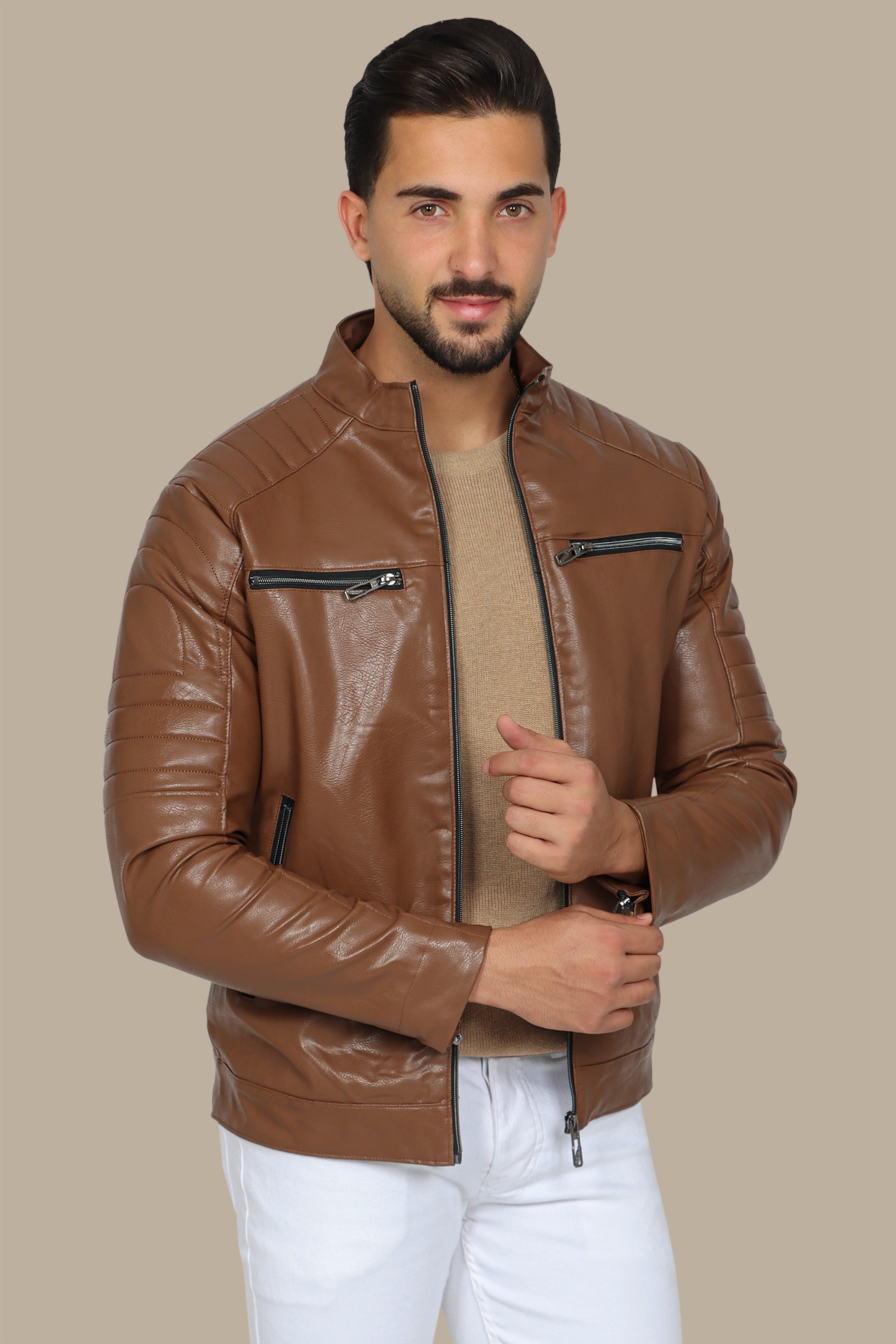Havane Faux Biker Jacket with 4 Zippers