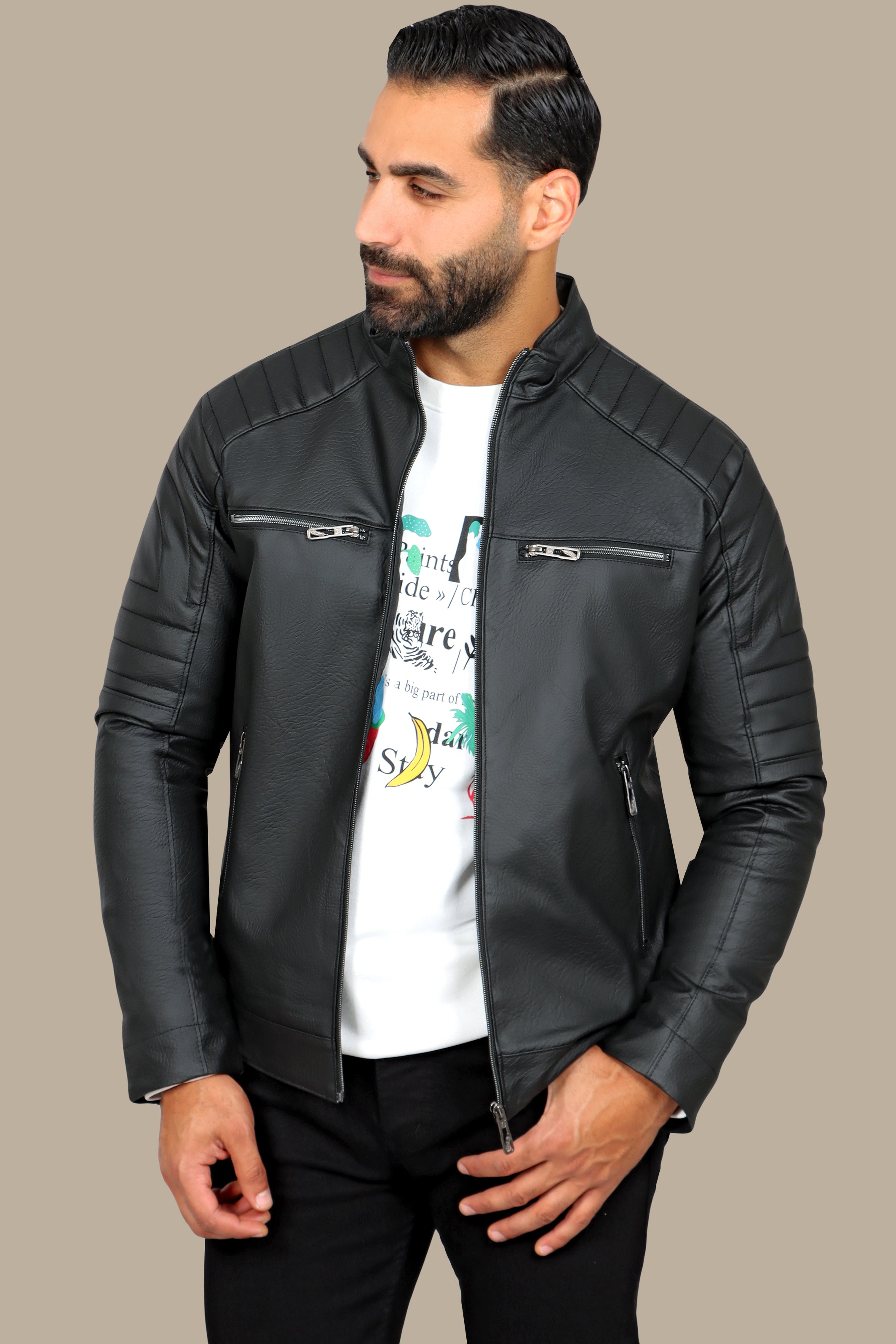 Rugged Elegance: Black Faux Leather Biker Jacket with Four Zippers