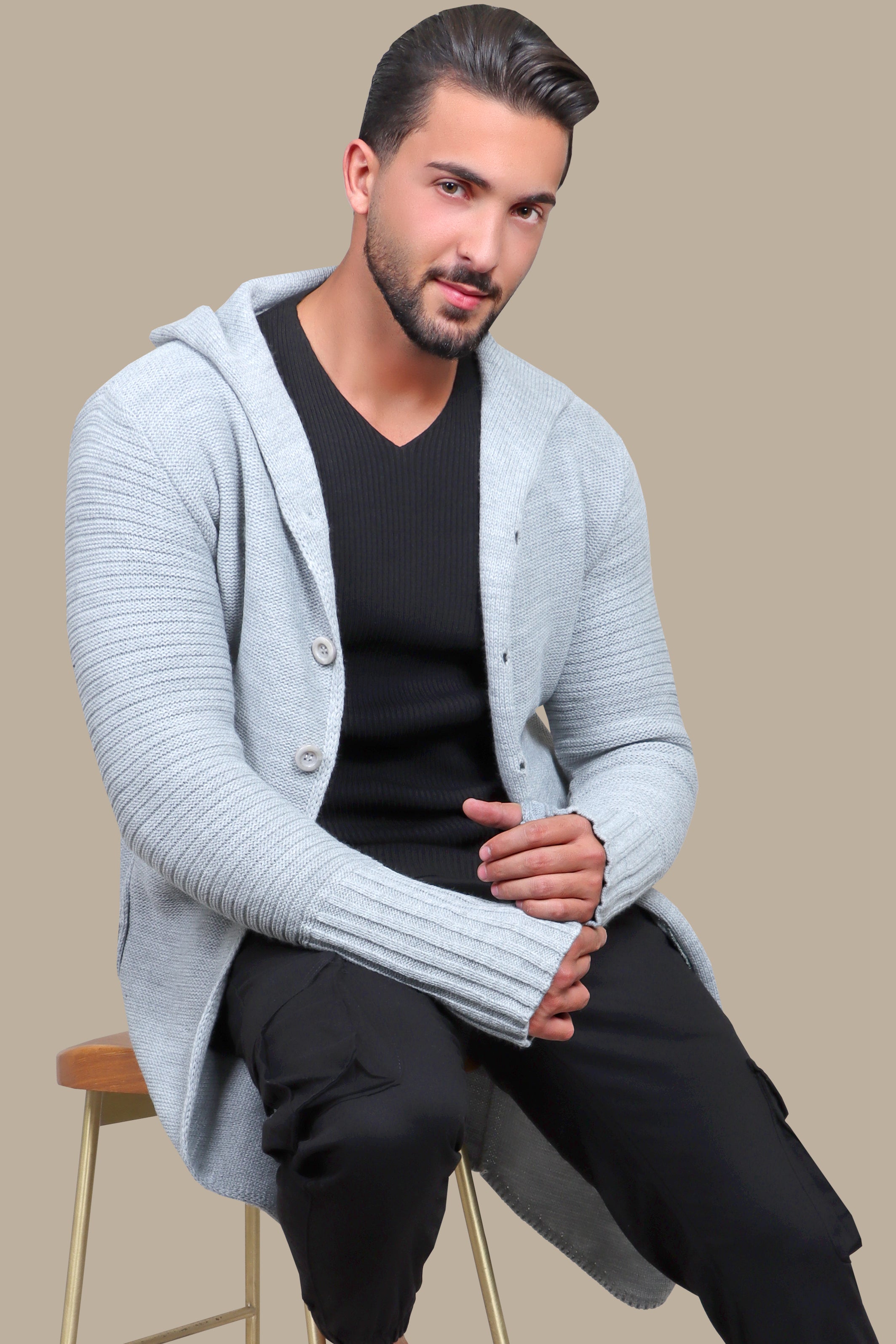 Light Gray Long Cardigan with Ribbed Sleeves: Cozy Comfort with a Stylish Twist