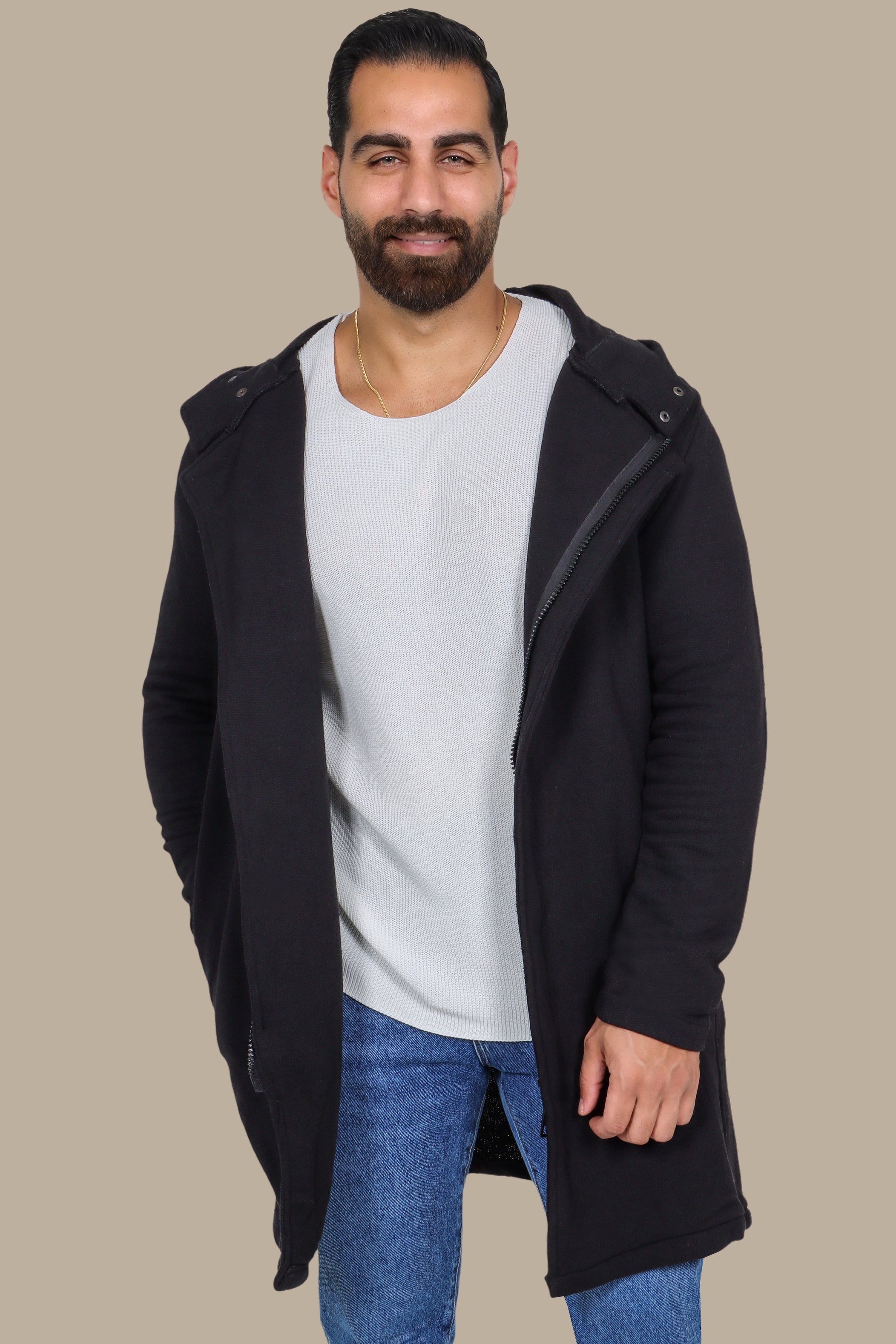 Black Oversized Long Cardigan with Zipper