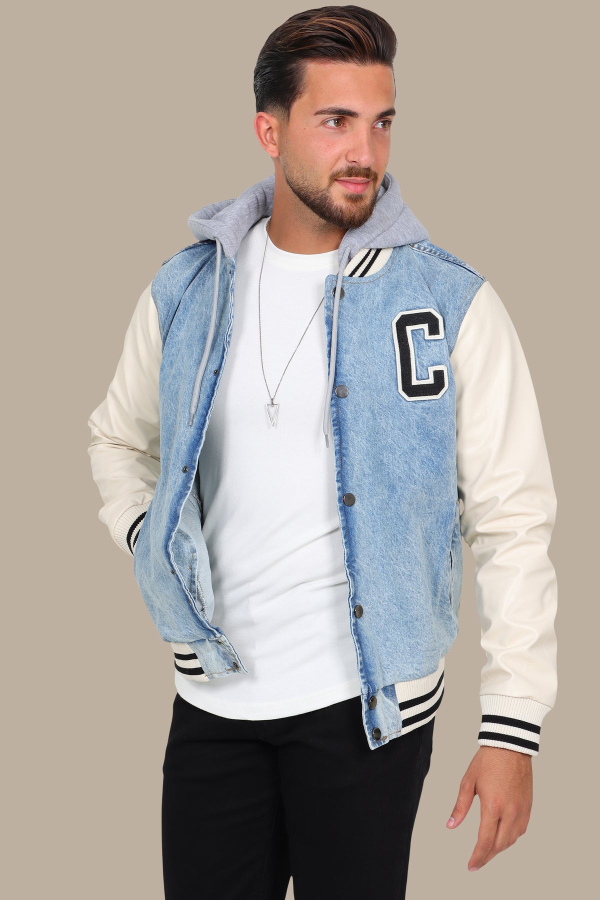 Light Blue Denim Jacket with Beige Leather Sleeves