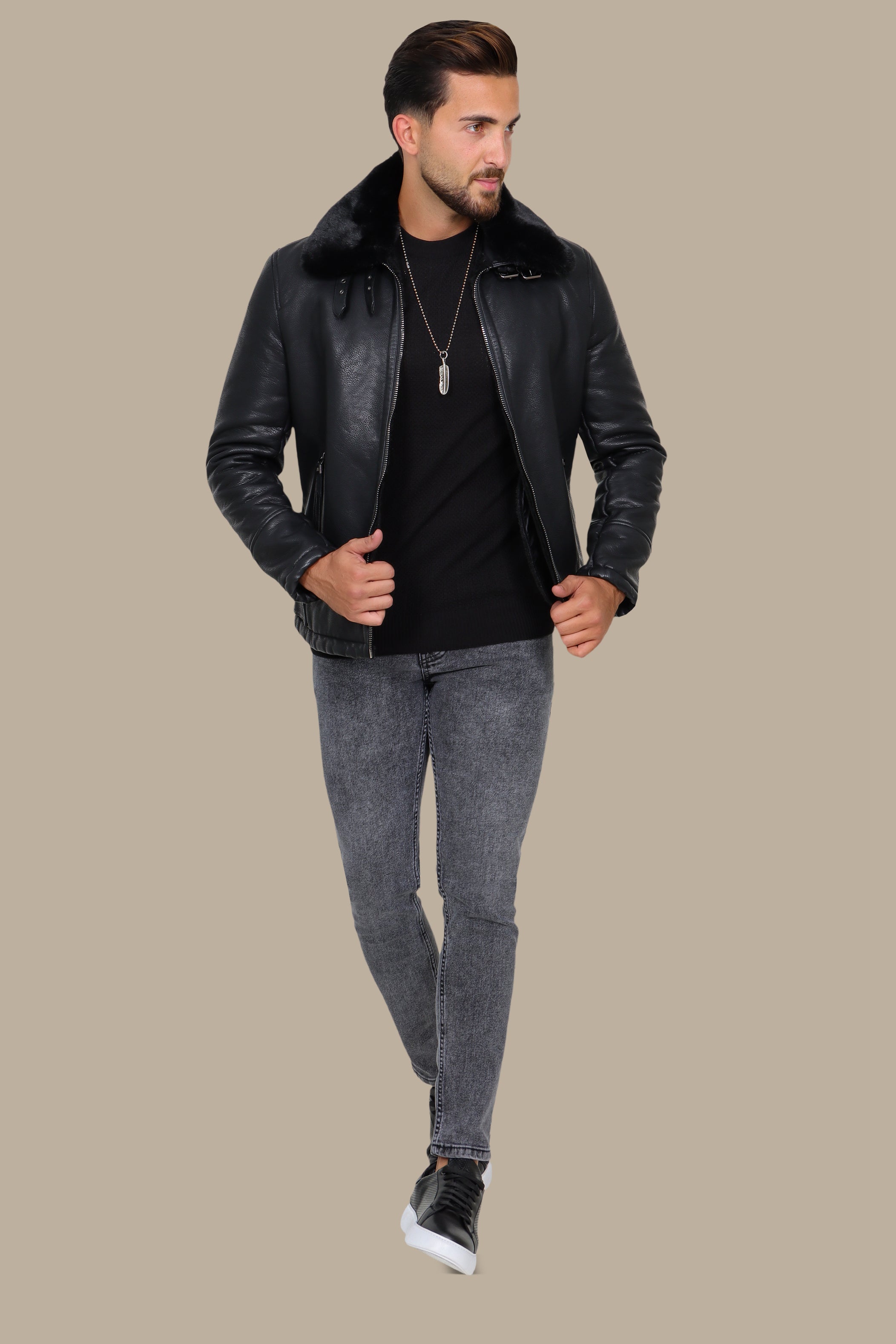 Black Leather Jacket with Fur Collar