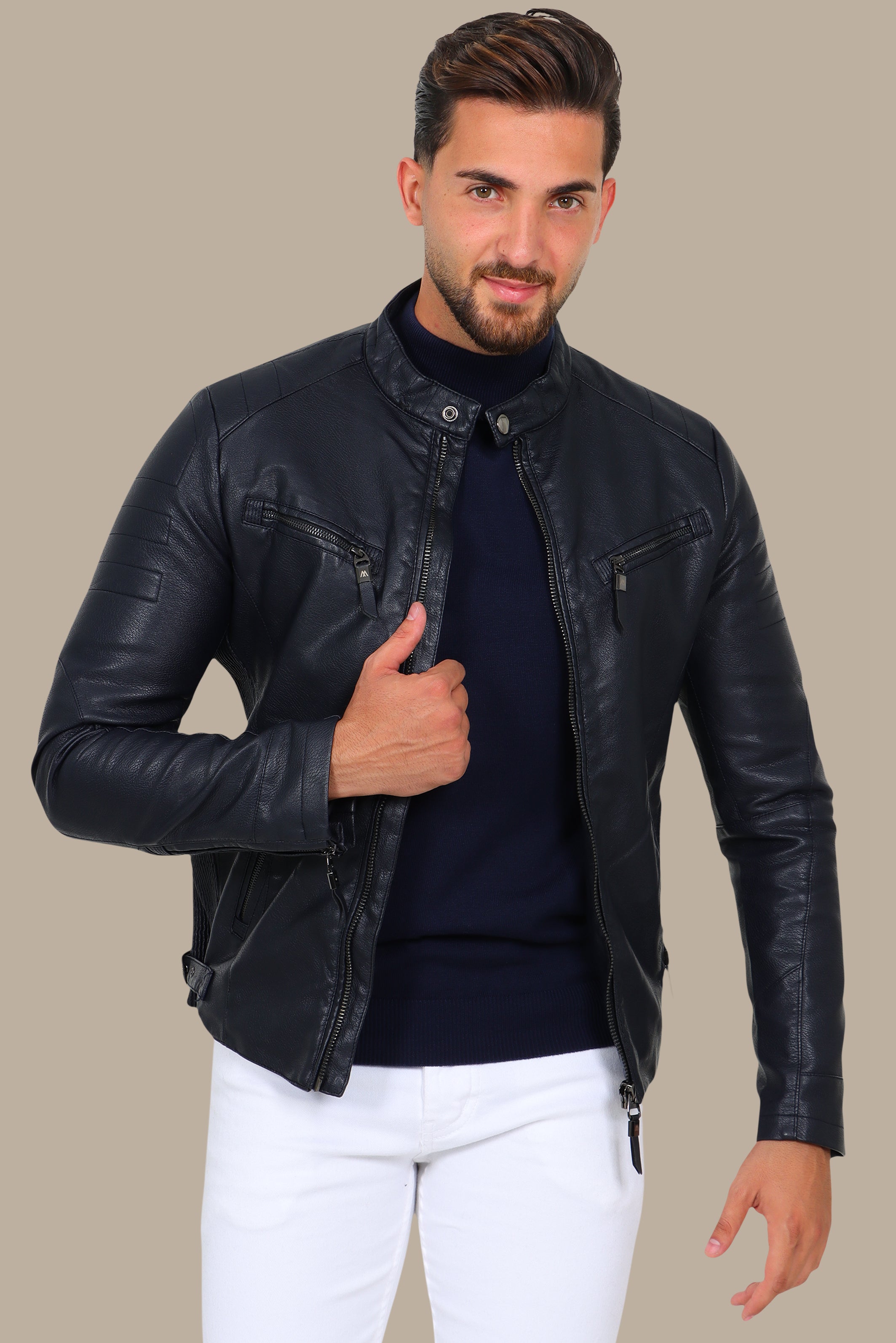 Navy Classic Leather Jacket with 4 Zippers