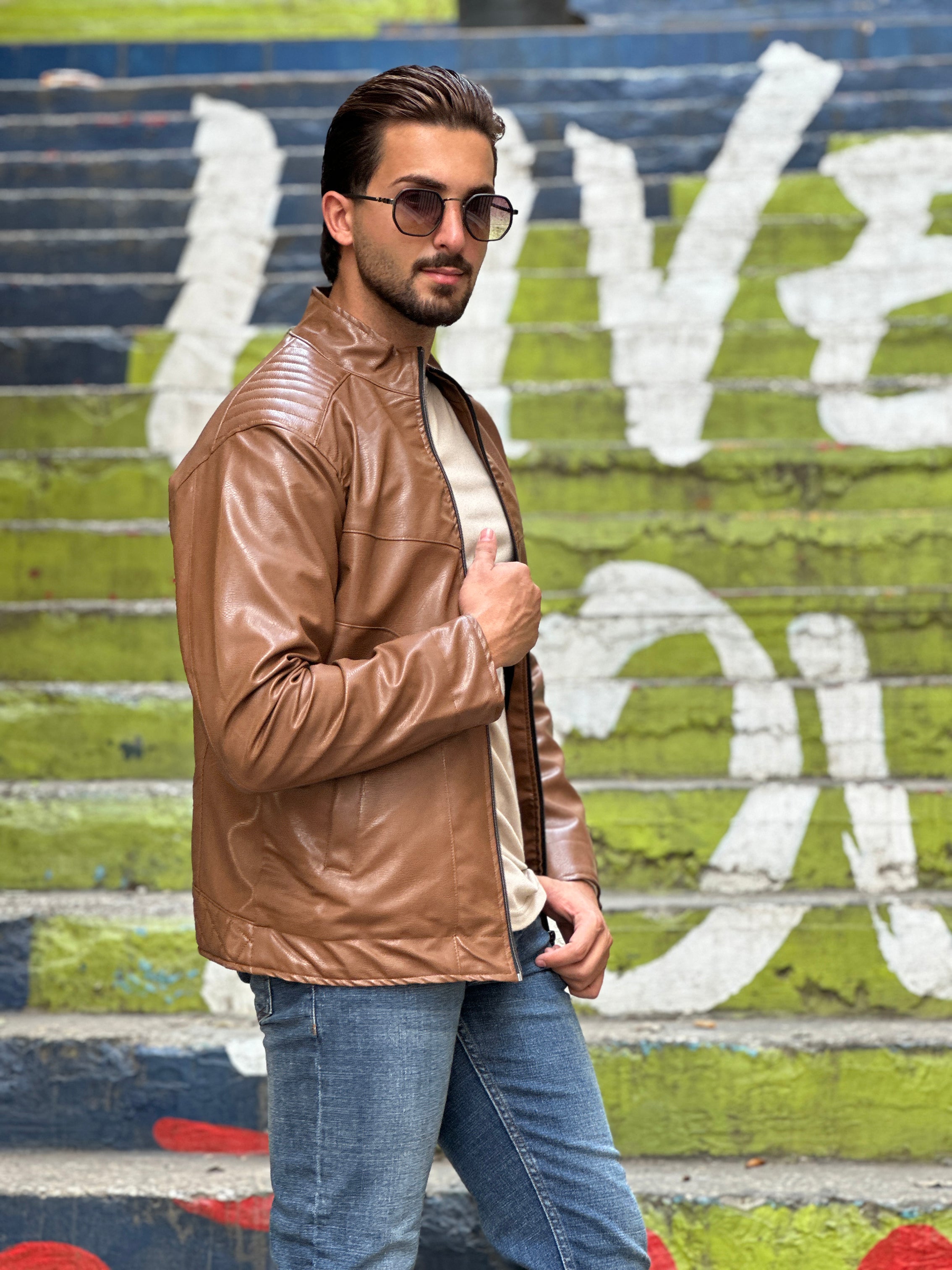 Havane High Neck Faux Leather Jacket