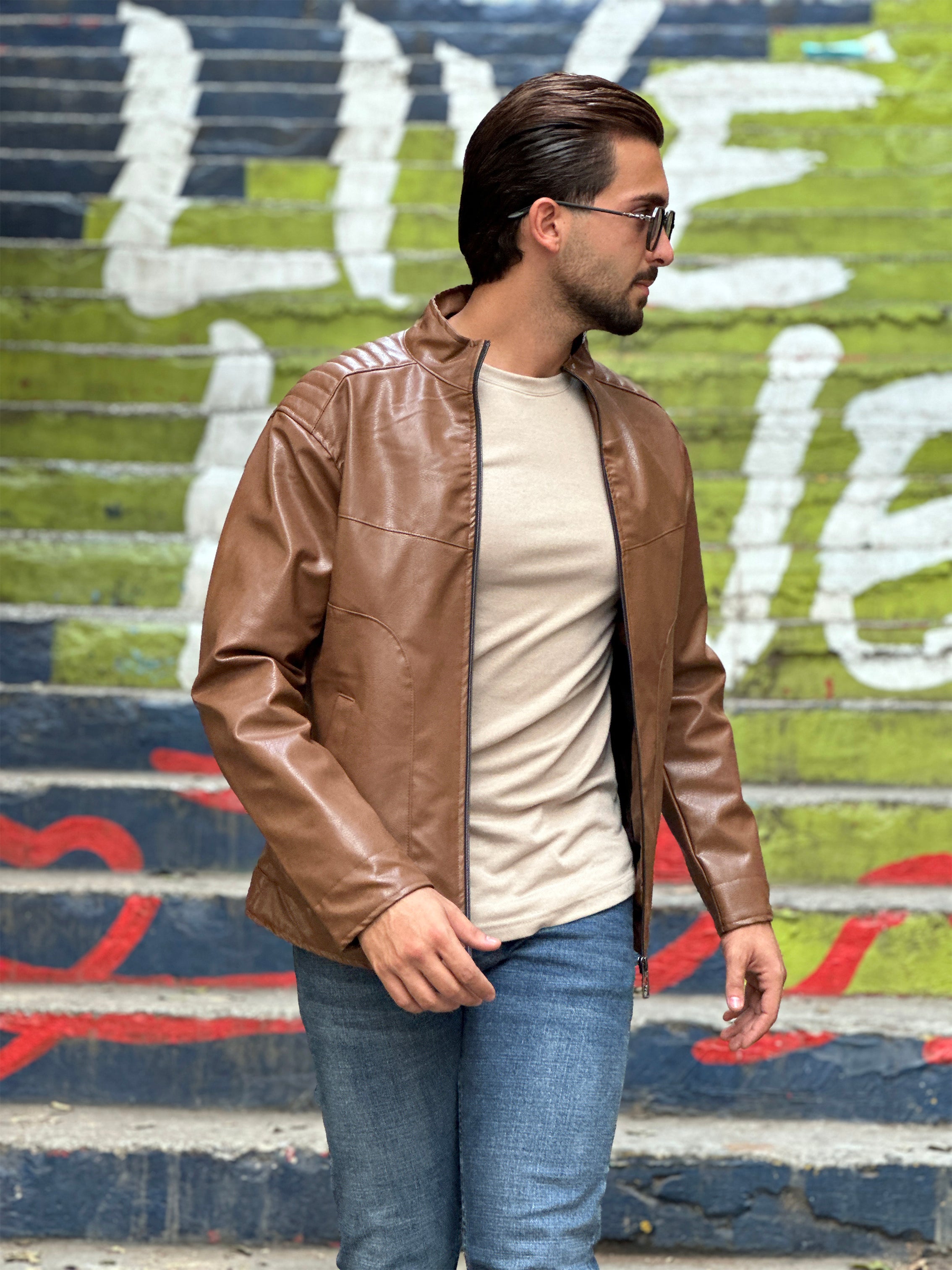 Havane High Neck Faux Leather Jacket