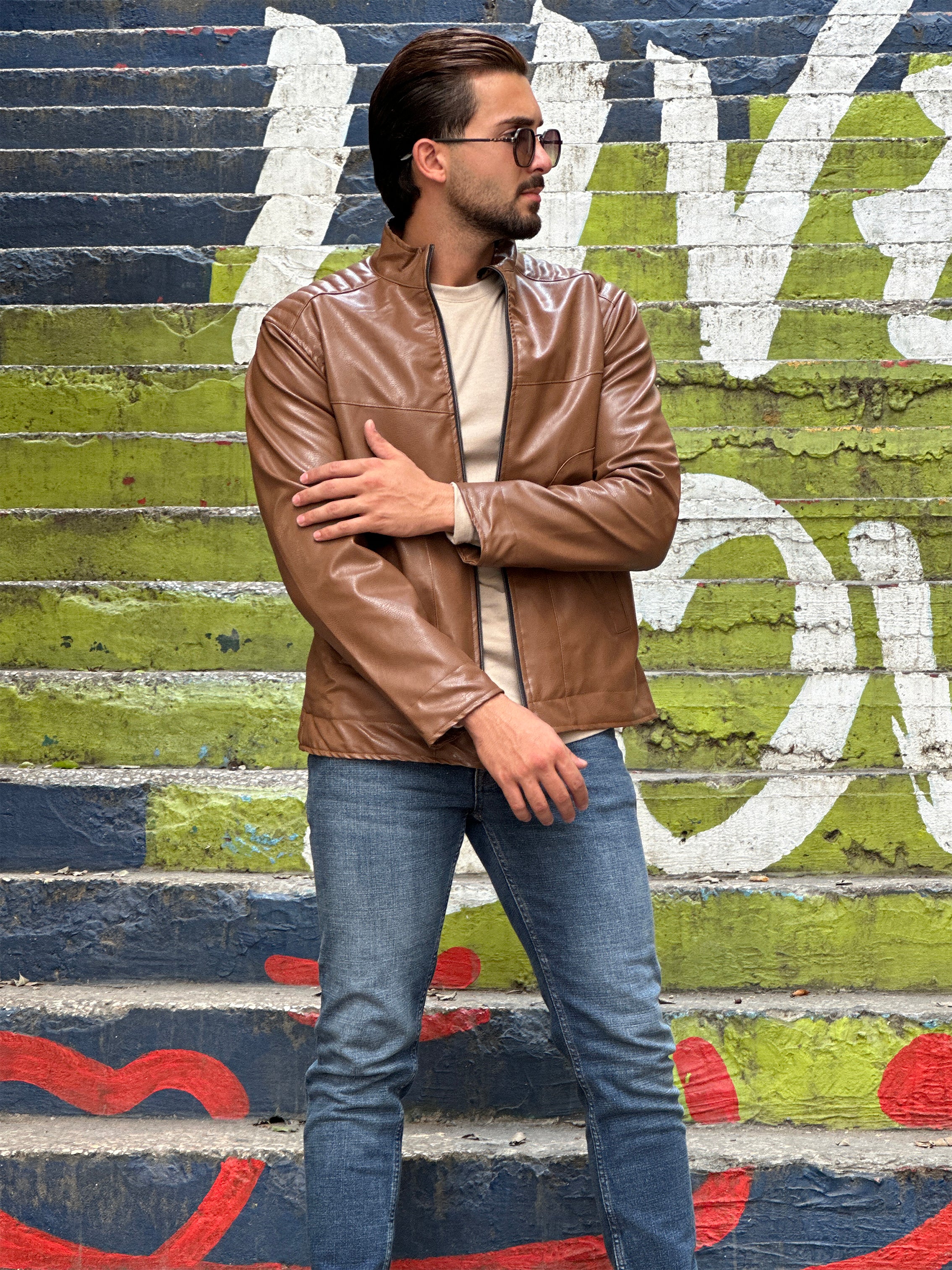 Havane High Neck Faux Leather Jacket